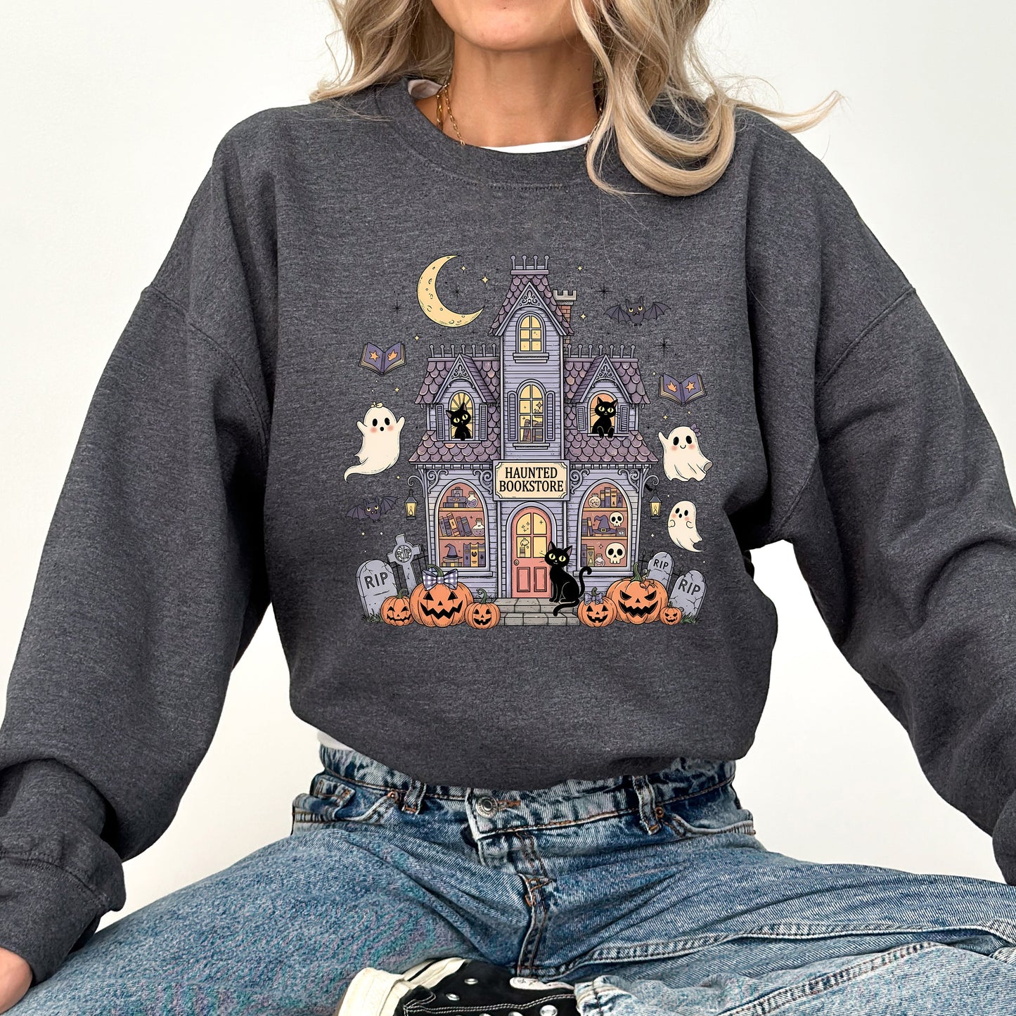 Haunted Book Store Mini Ghosts Graphic Sweatshirt Vintage Pumpkin Retro