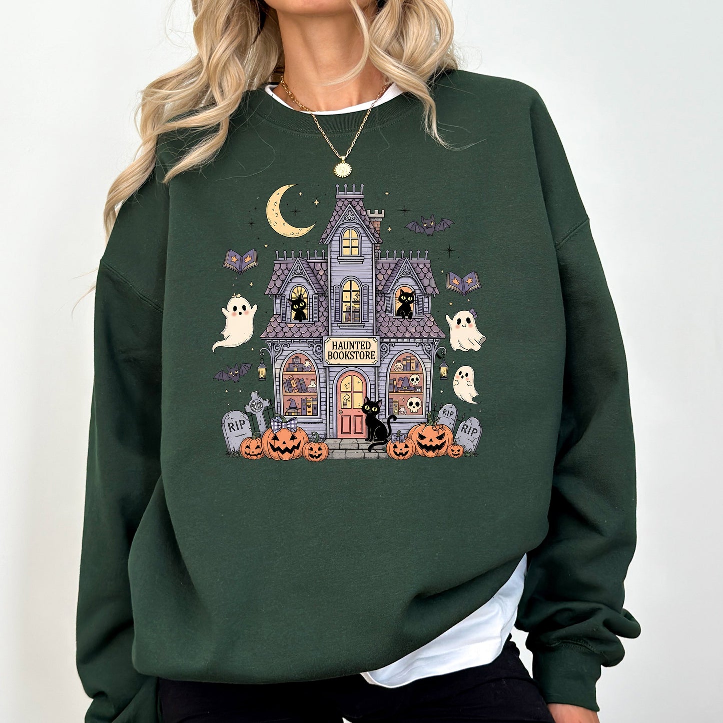 Haunted Book Store Mini Ghosts Graphic Sweatshirt Vintage Pumpkin Retro
