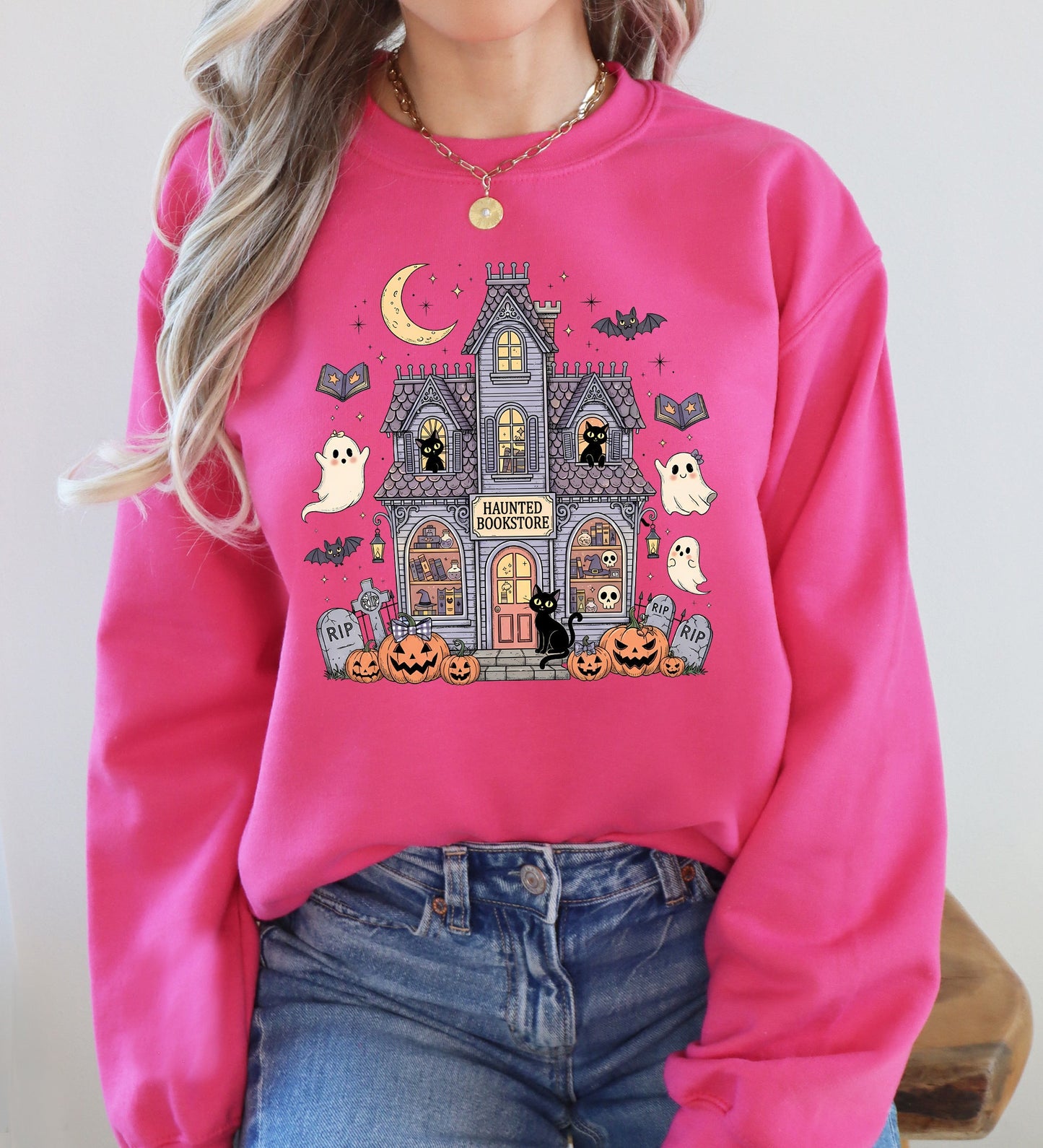 Haunted Book Store Mini Ghosts Graphic Sweatshirt Vintage Pumpkin Retro