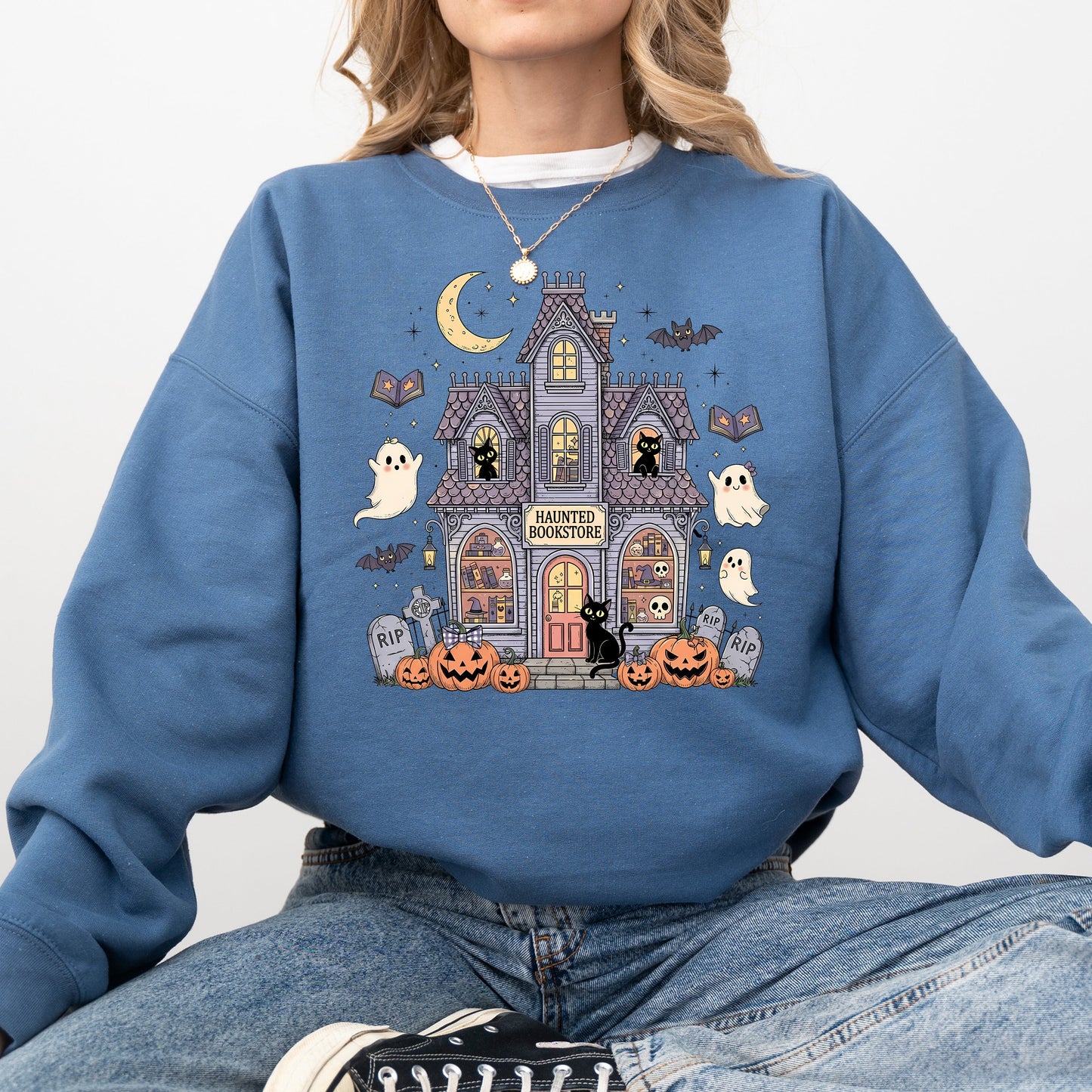Haunted Book Store Mini Ghosts Graphic Sweatshirt Vintage Pumpkin Retro