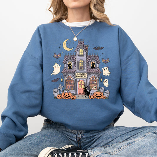 Haunted Book Store Mini Ghosts Graphic Sweatshirt Vintage Pumpkin Retro