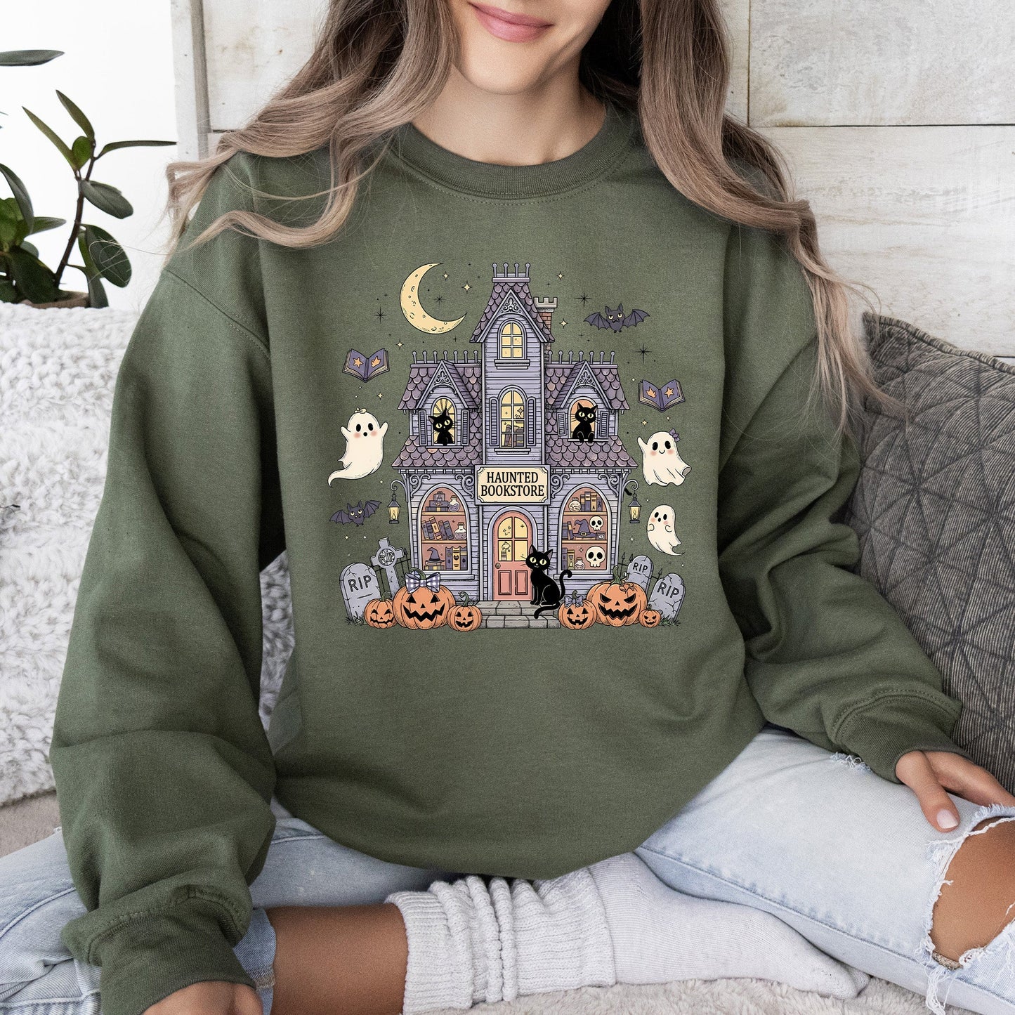 Haunted Book Store Mini Ghosts Graphic Sweatshirt Vintage Pumpkin Retro