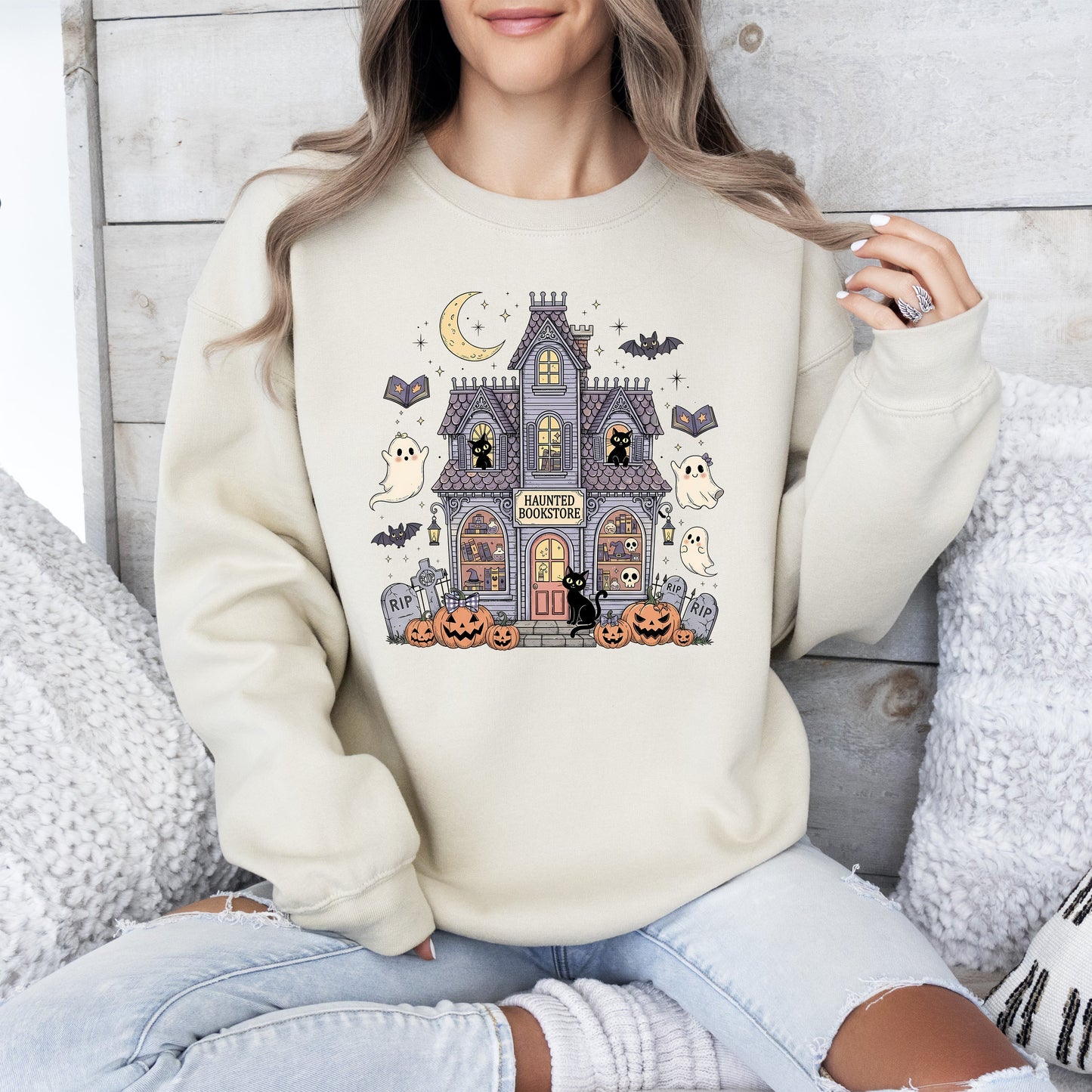 Haunted Book Store Mini Ghosts Graphic Sweatshirt Vintage Pumpkin Retro