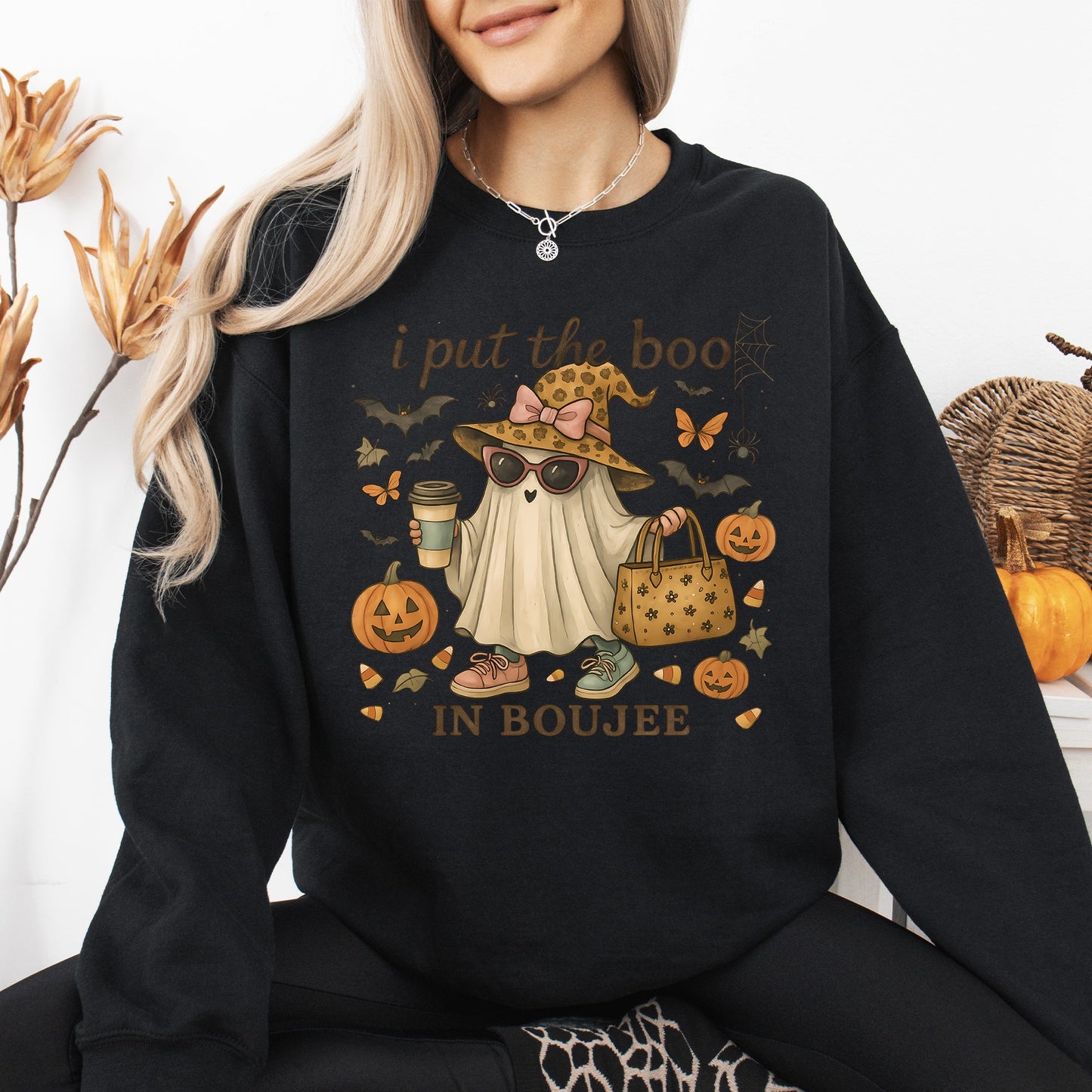 Boujee Ghost Vintage Pumpkin Graphic Sweatshirt Fall Costume