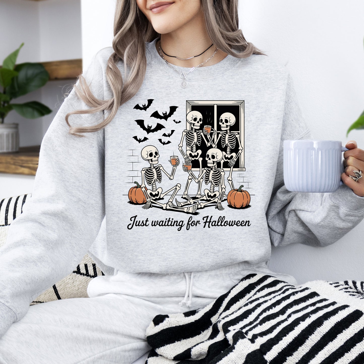 Just Waiting for Halloween, Skeleton, Funny, Ghost, Halloween, Vintage, Pumpkin, Retro, Spooky, Costume, Fall, Graphic Sweatshirt