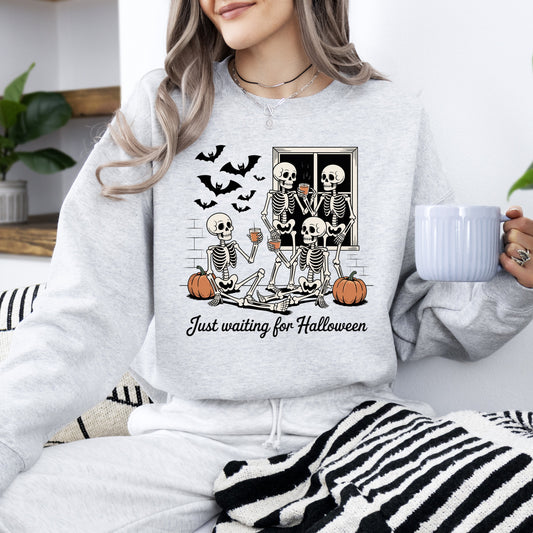Just Waiting for Halloween, Skeleton, Funny, Ghost, Halloween, Vintage, Pumpkin, Retro, Spooky, Costume, Fall, Graphic Sweatshirt