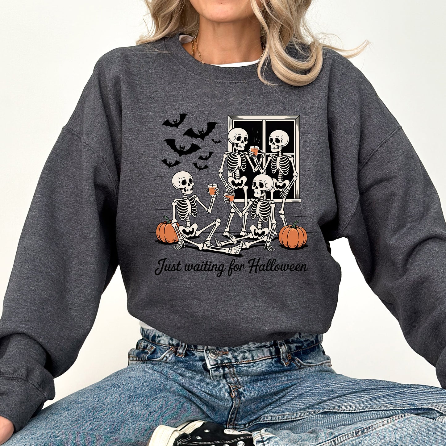 Just Waiting for Halloween, Skeleton, Funny, Ghost, Halloween, Vintage, Pumpkin, Retro, Spooky, Costume, Fall, Graphic Sweatshirt