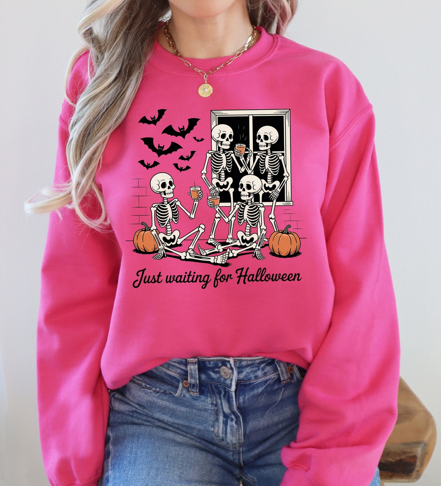Just Waiting for Halloween, Skeleton, Funny, Ghost, Halloween, Vintage, Pumpkin, Retro, Spooky, Costume, Fall, Graphic Sweatshirt