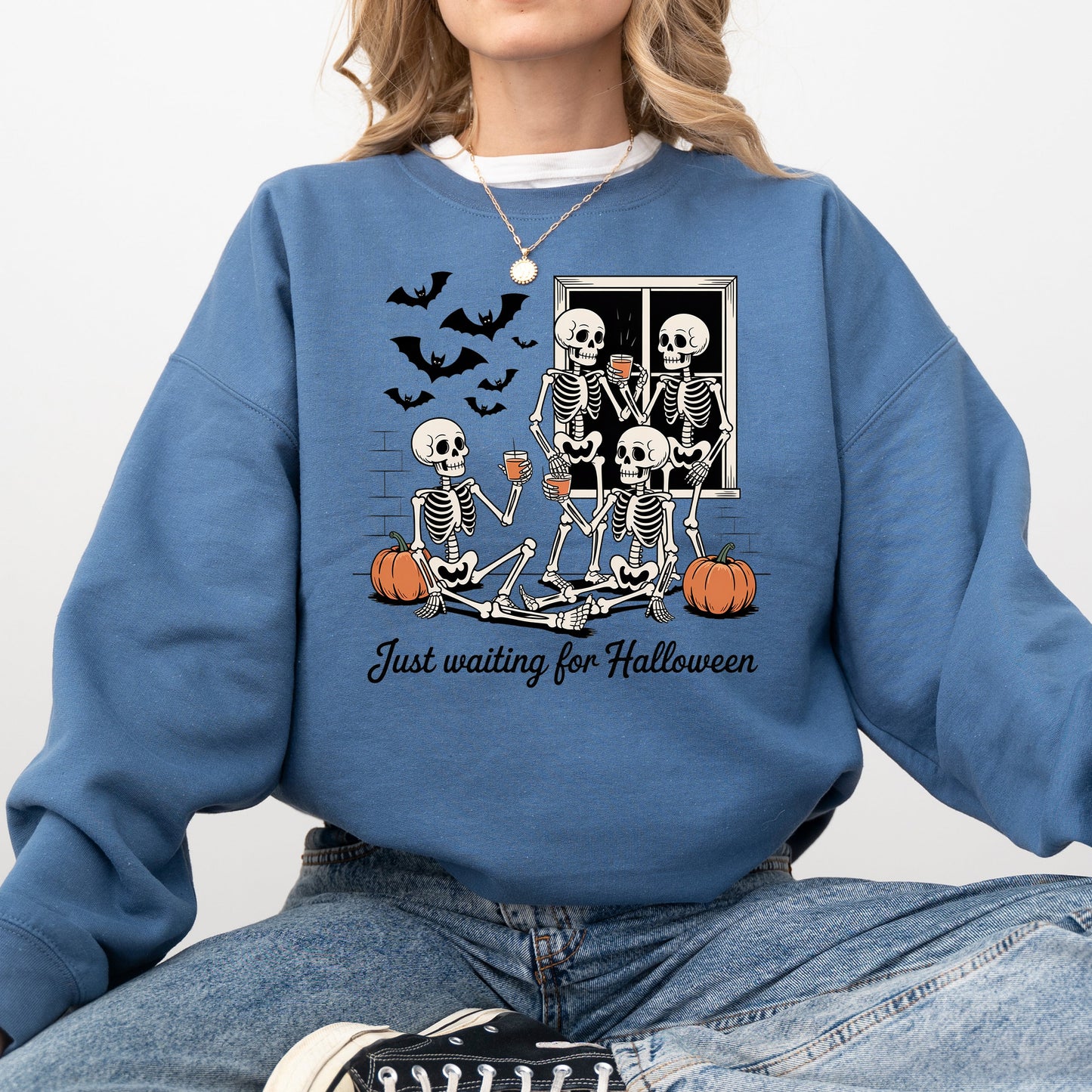 Just Waiting for Halloween, Skeleton, Funny, Ghost, Halloween, Vintage, Pumpkin, Retro, Spooky, Costume, Fall, Graphic Sweatshirt
