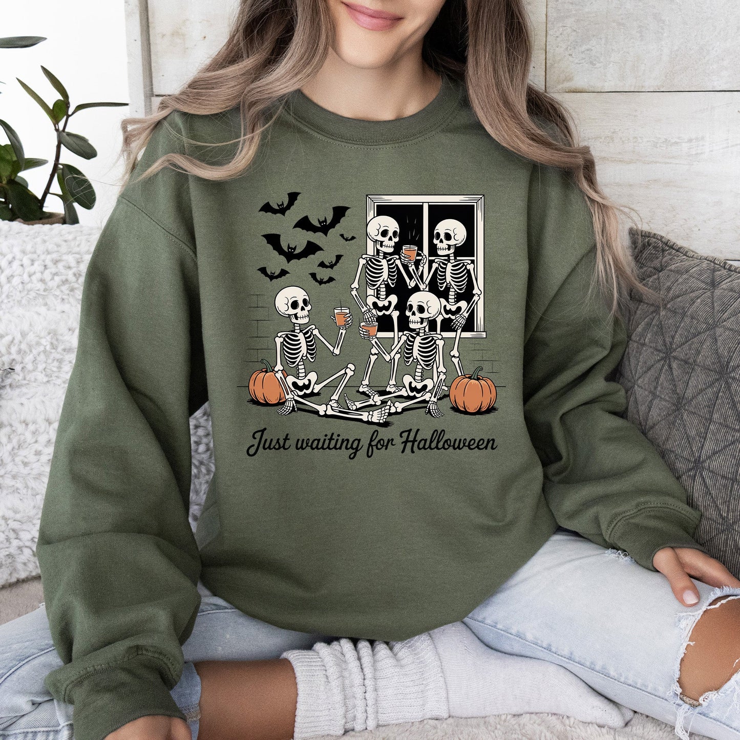 Just Waiting for Halloween, Skeleton, Funny, Ghost, Halloween, Vintage, Pumpkin, Retro, Spooky, Costume, Fall, Graphic Sweatshirt