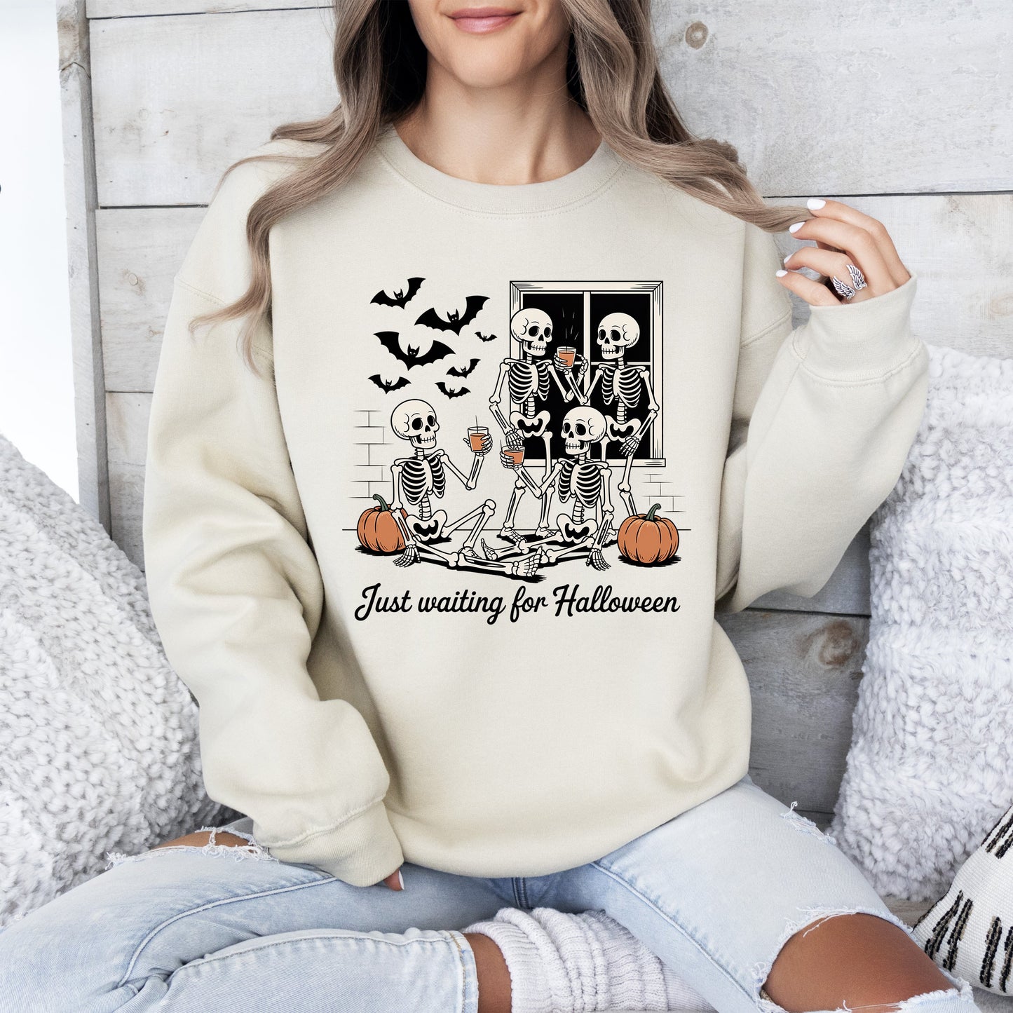 Just Waiting for Halloween, Skeleton, Funny, Ghost, Halloween, Vintage, Pumpkin, Retro, Spooky, Costume, Fall, Graphic Sweatshirt