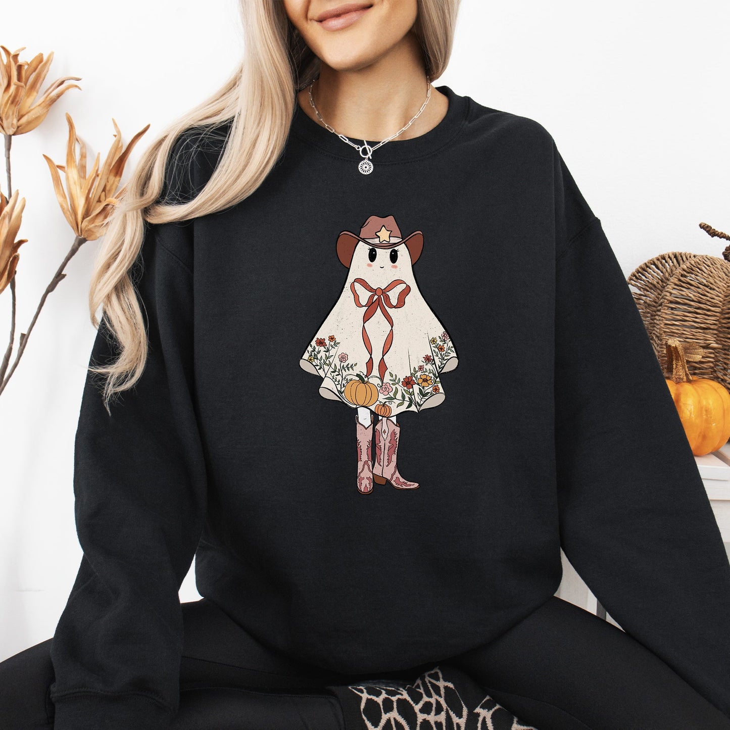 Cute Cowgirl Ghost Western Graphic Sweatshirt Vintage Halloween