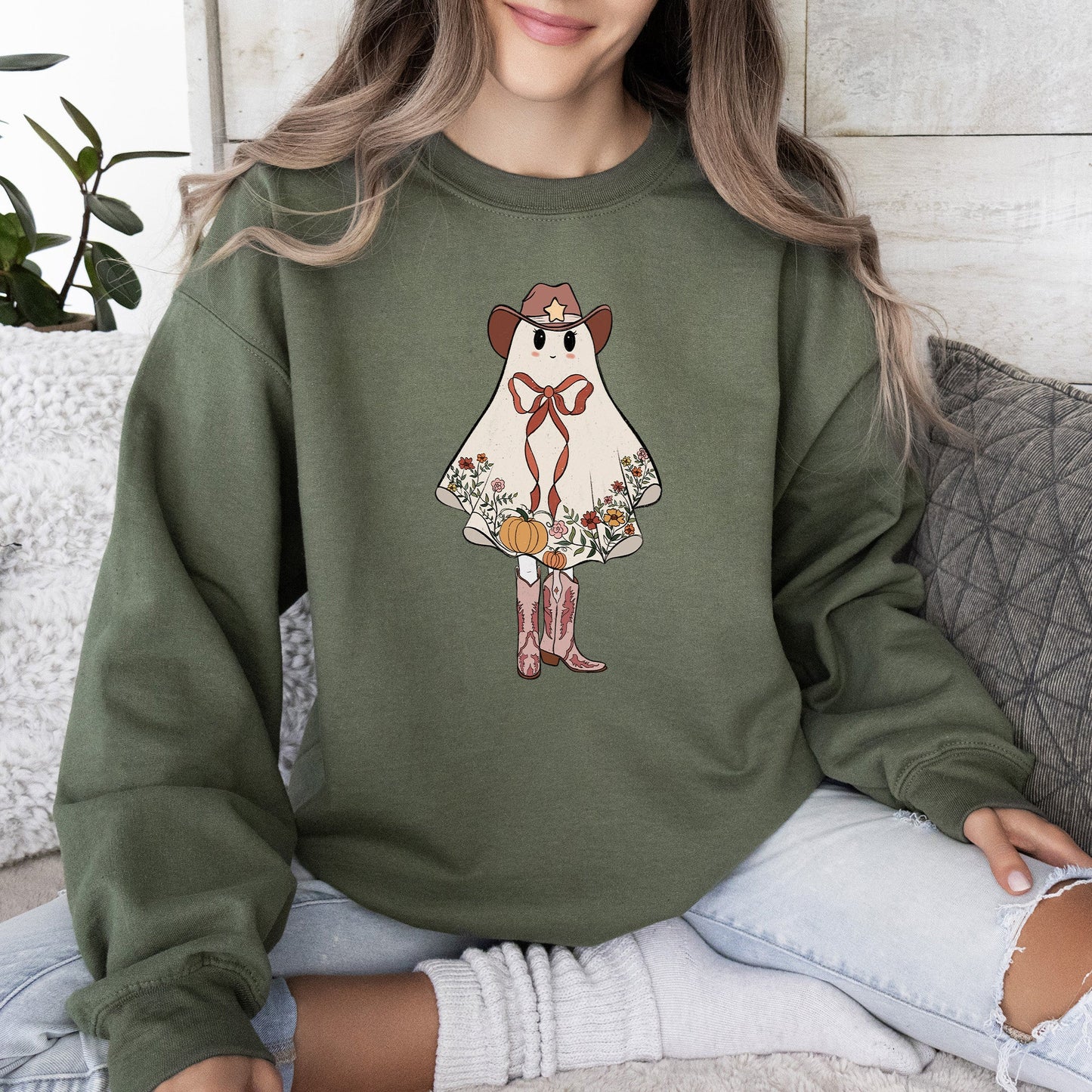 Cute Cowgirl Ghost Western Graphic Sweatshirt Vintage Halloween
