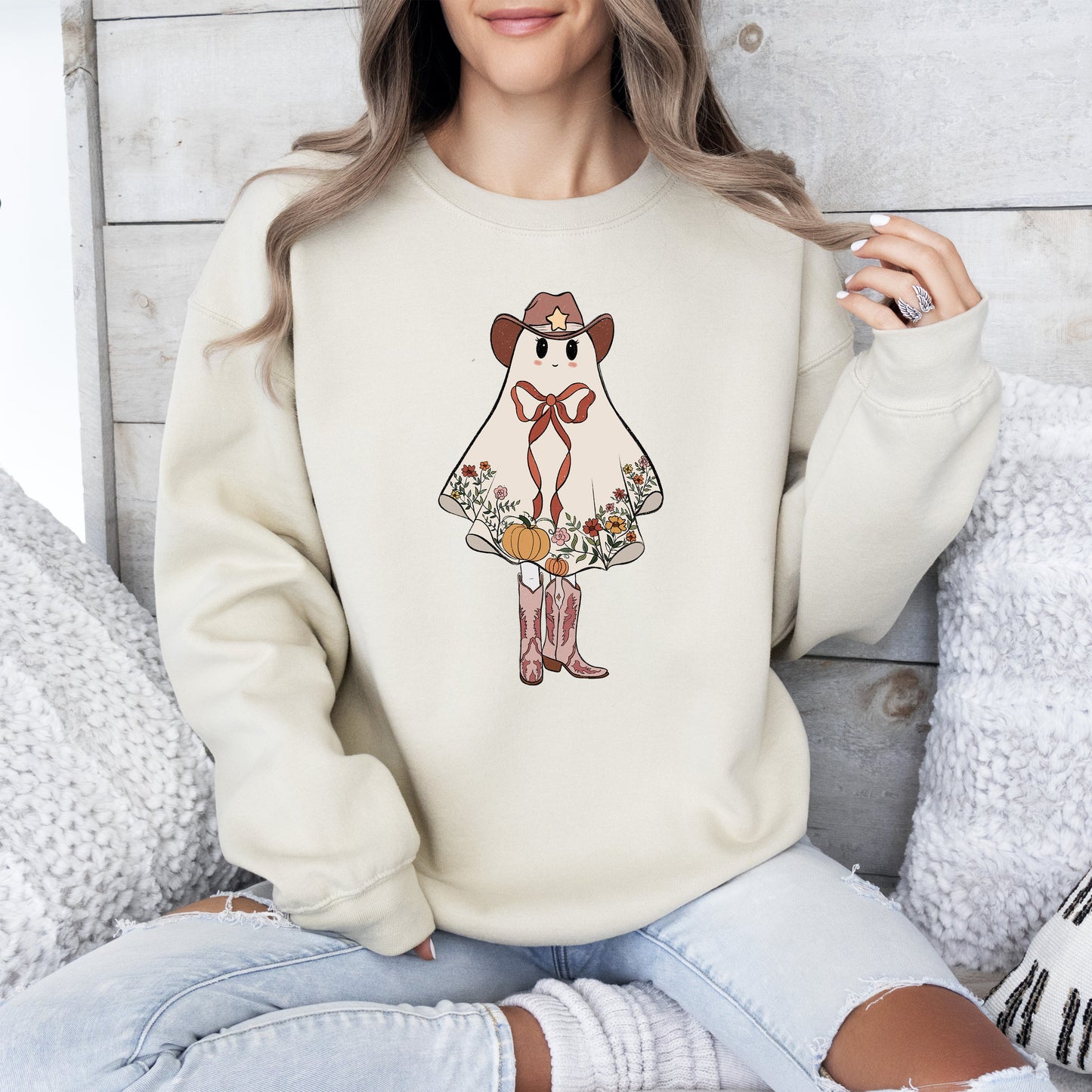 Cute Cowgirl Ghost Western Graphic Sweatshirt Vintage Halloween