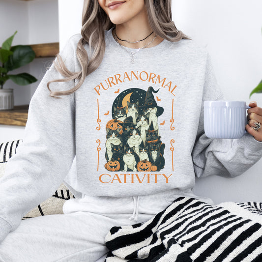 Purranormal Cativity, Vintage Cats, Ghost, Halloween, Western, Pumpkin, Retro, Spooky, Costume, Fall, Graphic Sweatshirt