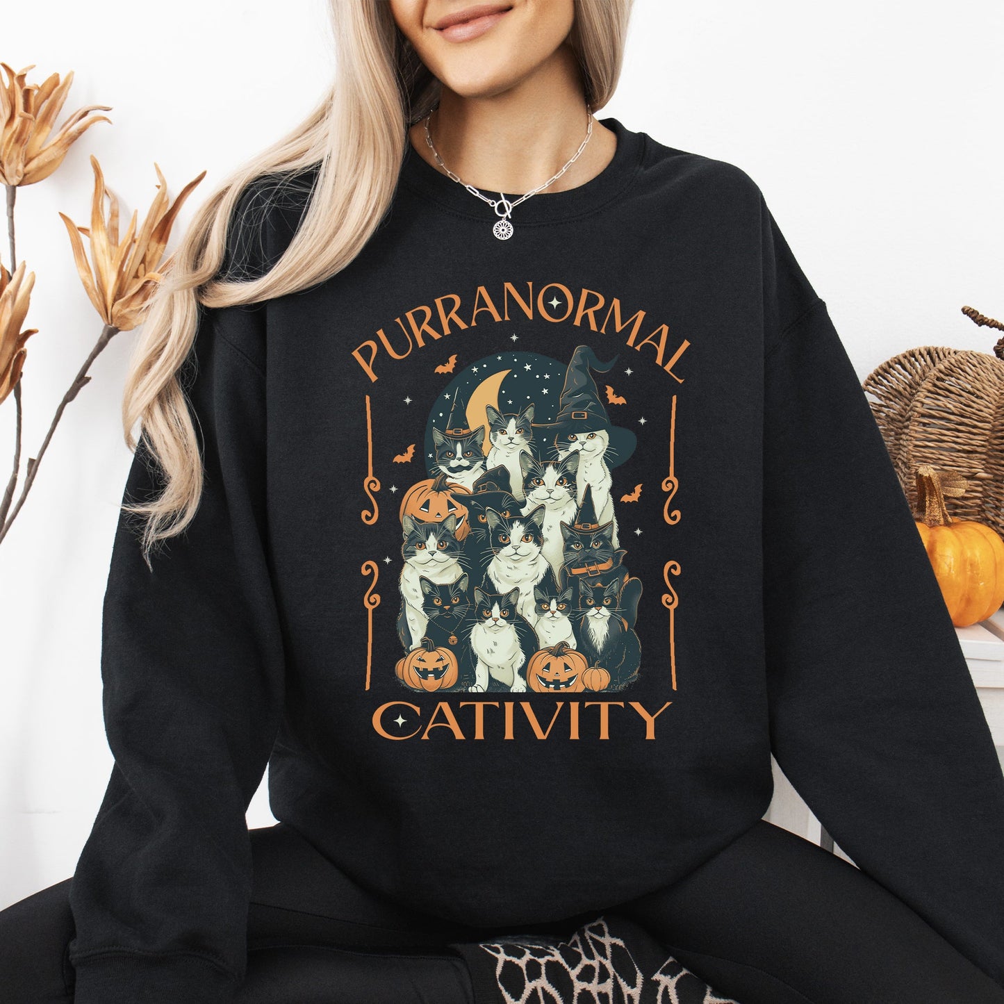 Purranormal Cativity, Vintage Cats, Ghost, Halloween, Western, Pumpkin, Retro, Spooky, Costume, Fall, Graphic Sweatshirt