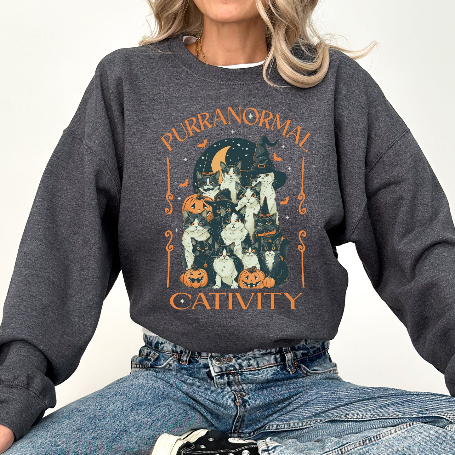 Purranormal Cativity, Vintage Cats, Ghost, Halloween, Western, Pumpkin, Retro, Spooky, Costume, Fall, Graphic Sweatshirt