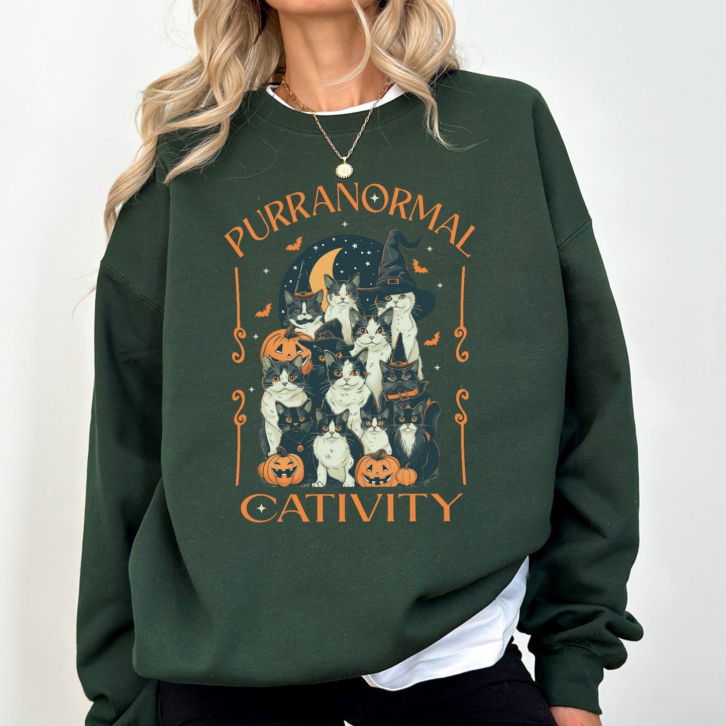 Purranormal Cativity, Vintage Cats, Ghost, Halloween, Western, Pumpkin, Retro, Spooky, Costume, Fall, Graphic Sweatshirt