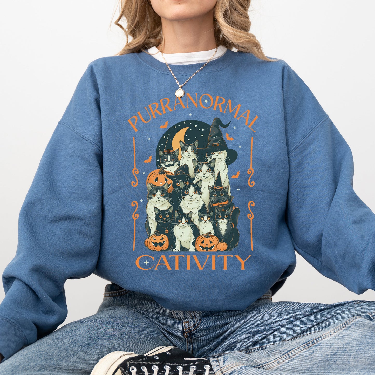 Purranormal Cativity, Vintage Cats, Ghost, Halloween, Western, Pumpkin, Retro, Spooky, Costume, Fall, Graphic Sweatshirt