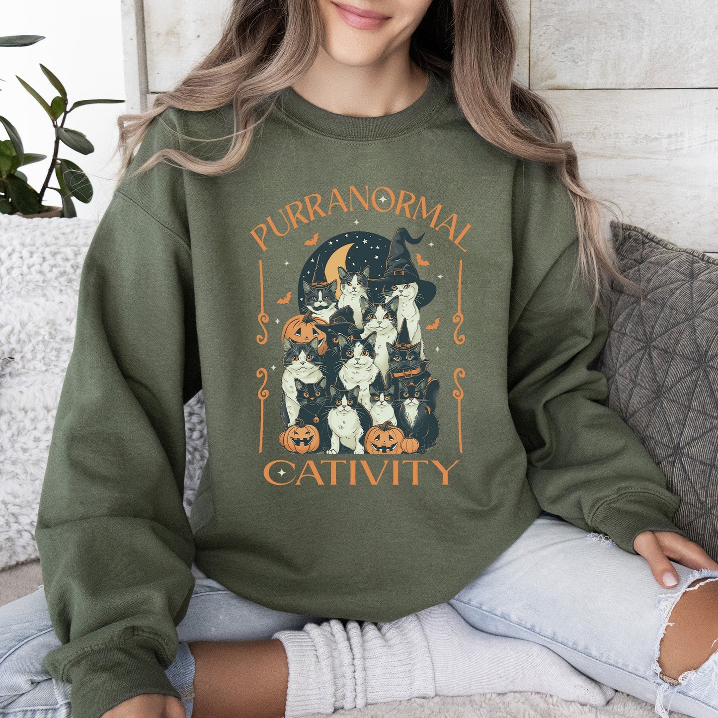 Purranormal Cativity, Vintage Cats, Ghost, Halloween, Western, Pumpkin, Retro, Spooky, Costume, Fall, Graphic Sweatshirt