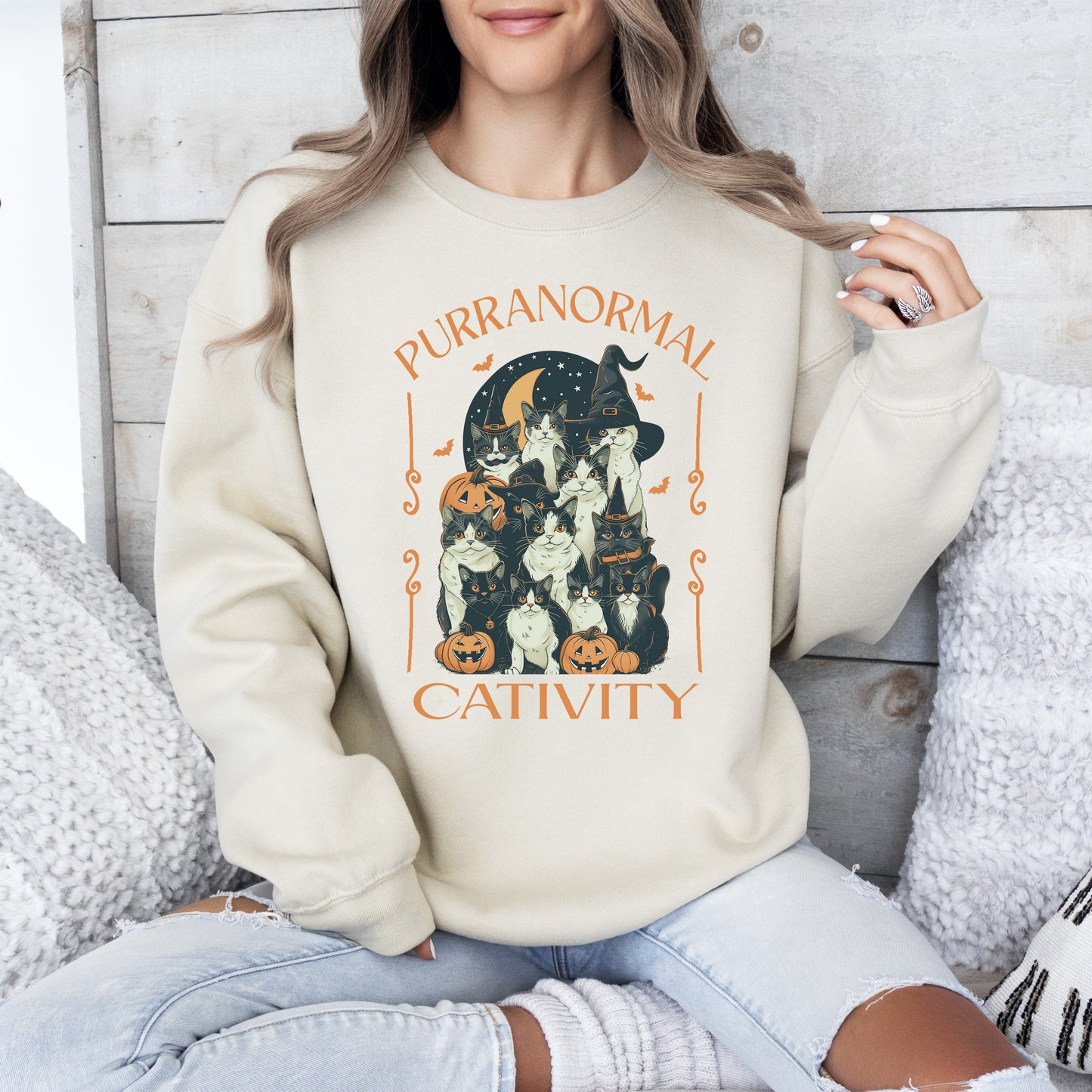 Purranormal Cativity, Vintage Cats, Ghost, Halloween, Western, Pumpkin, Retro, Spooky, Costume, Fall, Graphic Sweatshirt
