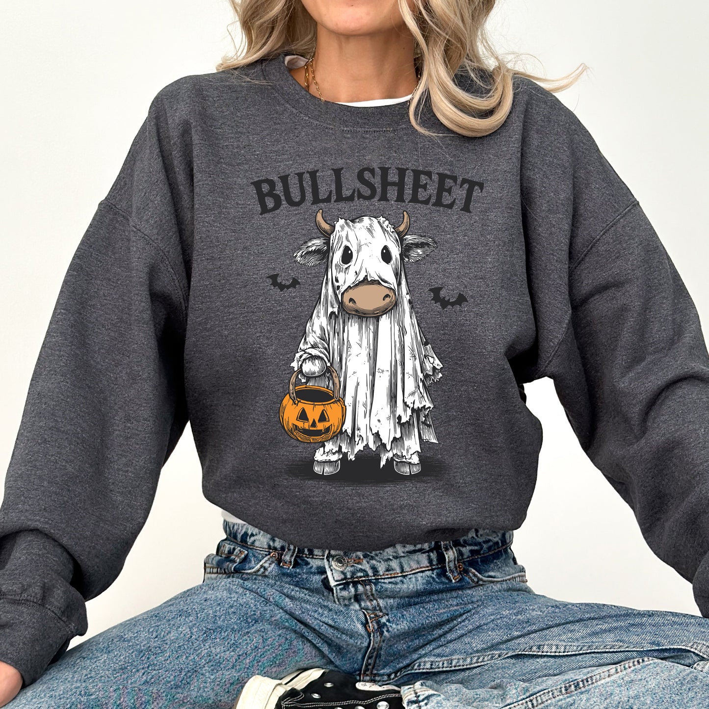 Funny Halloween Cow Ghost Vintage Graphic Sweatshirt Bullsheet