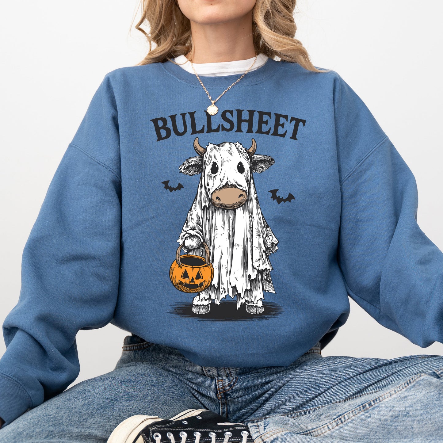 Funny Halloween Cow Ghost Vintage Graphic Sweatshirt Bullsheet