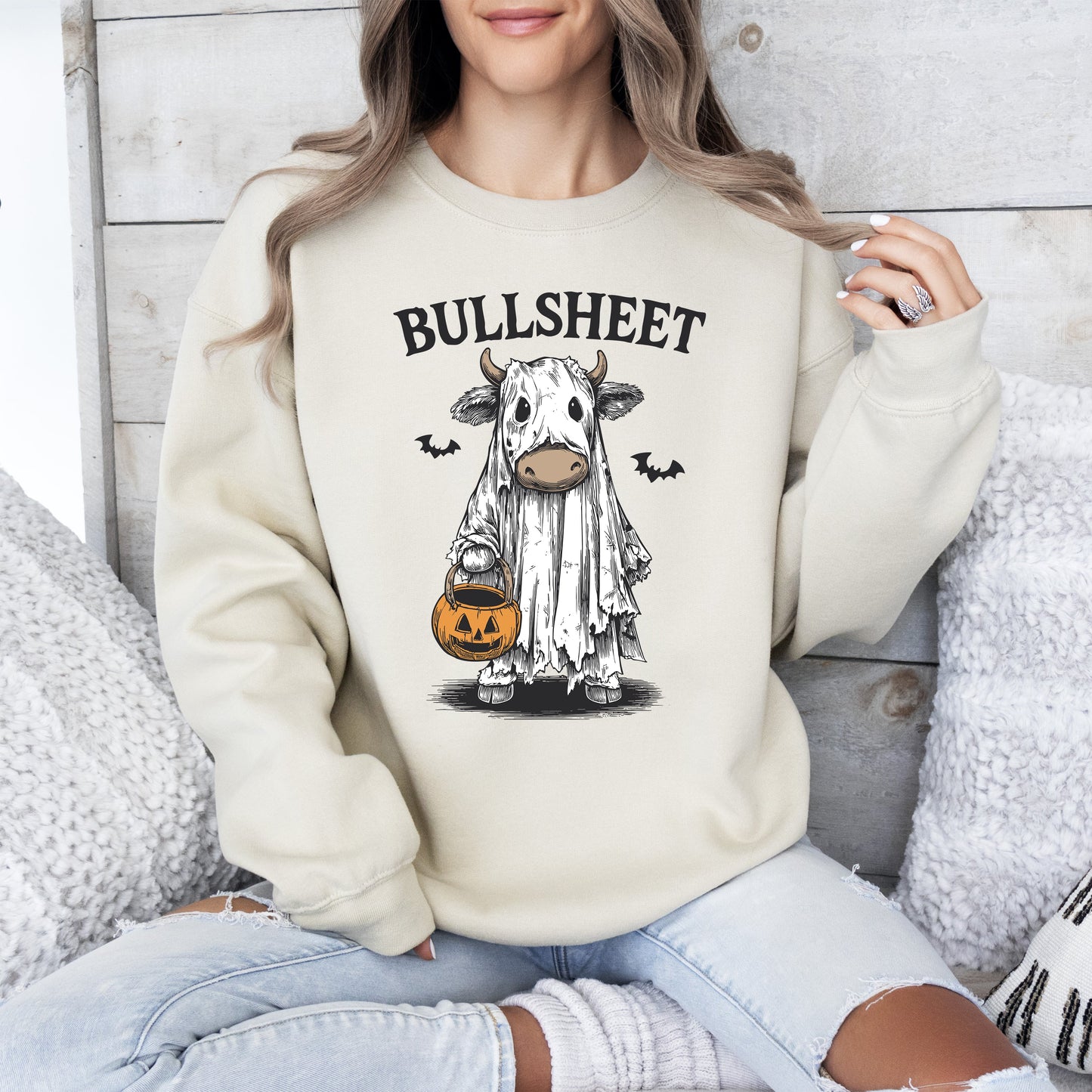 Funny Halloween Cow Ghost Vintage Graphic Sweatshirt Bullsheet
