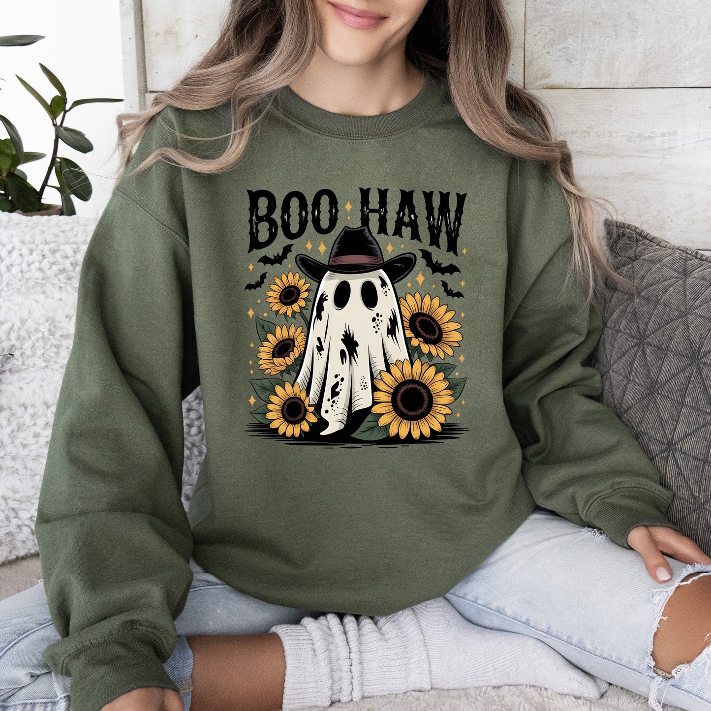 Cowboy Ghost Graphic Sweatshirt Western Vintage Fall Boo Haw
