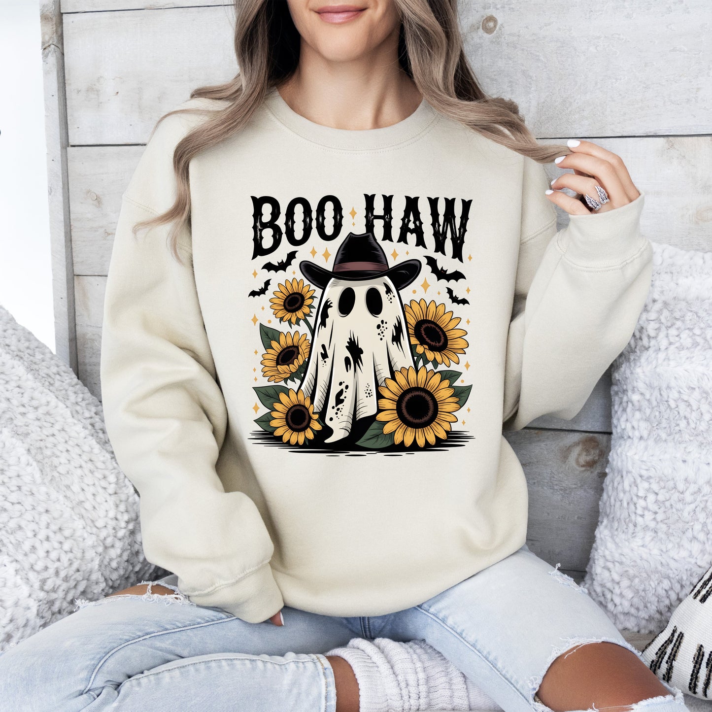 Cowboy Ghost Graphic Sweatshirt Western Vintage Fall Boo Haw