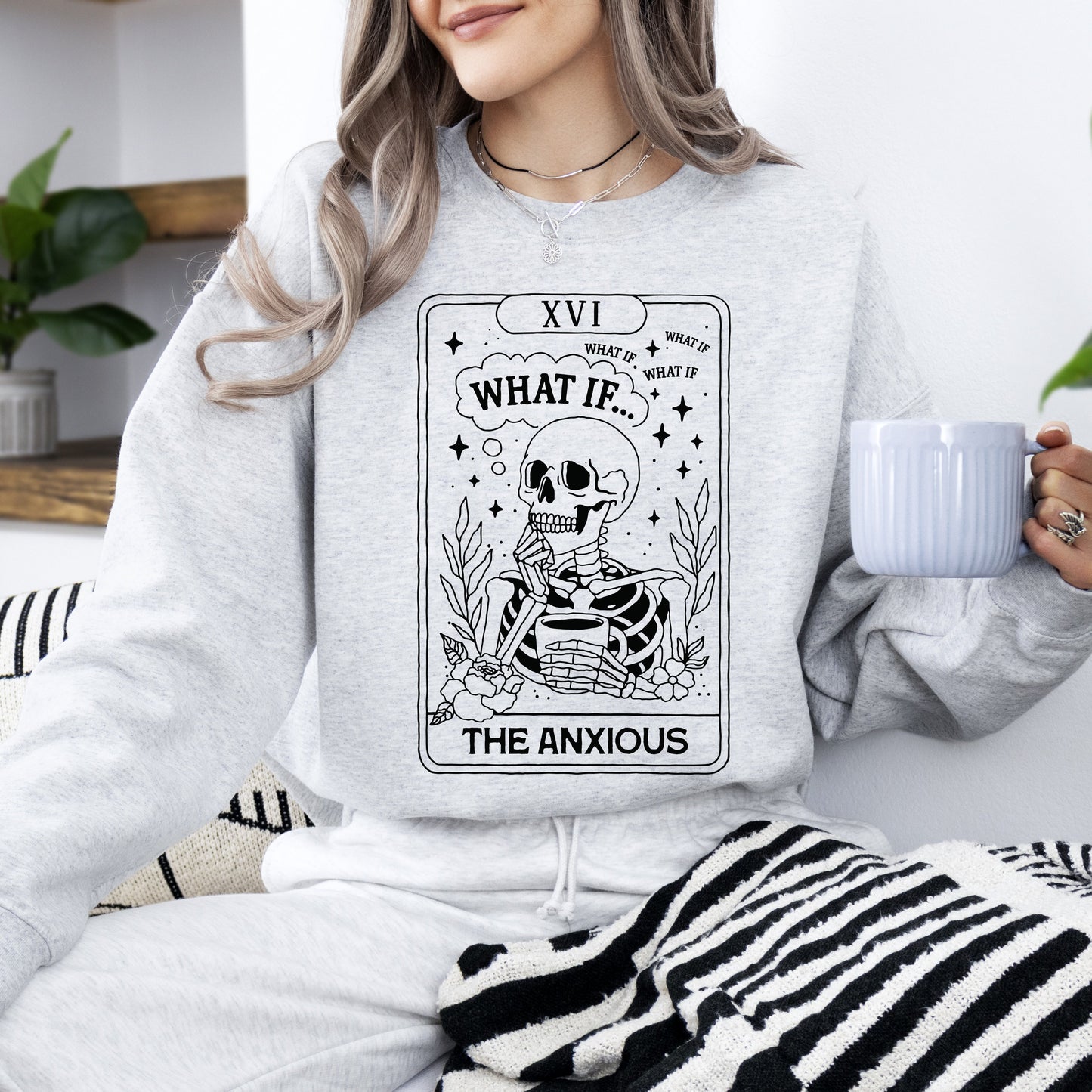 Anxious Skeleton Ghost Graphic Sweatshirt Vintage Western Fall Costume