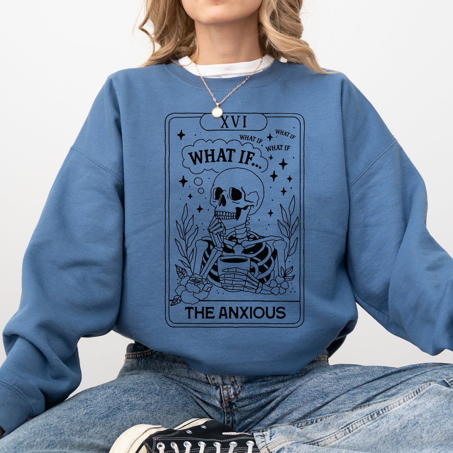 Anxious Skeleton Ghost Graphic Sweatshirt Vintage Western Fall Costume