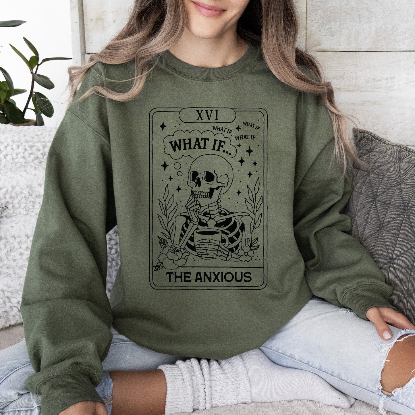 Anxious Skeleton Ghost Graphic Sweatshirt Vintage Western Fall Costume
