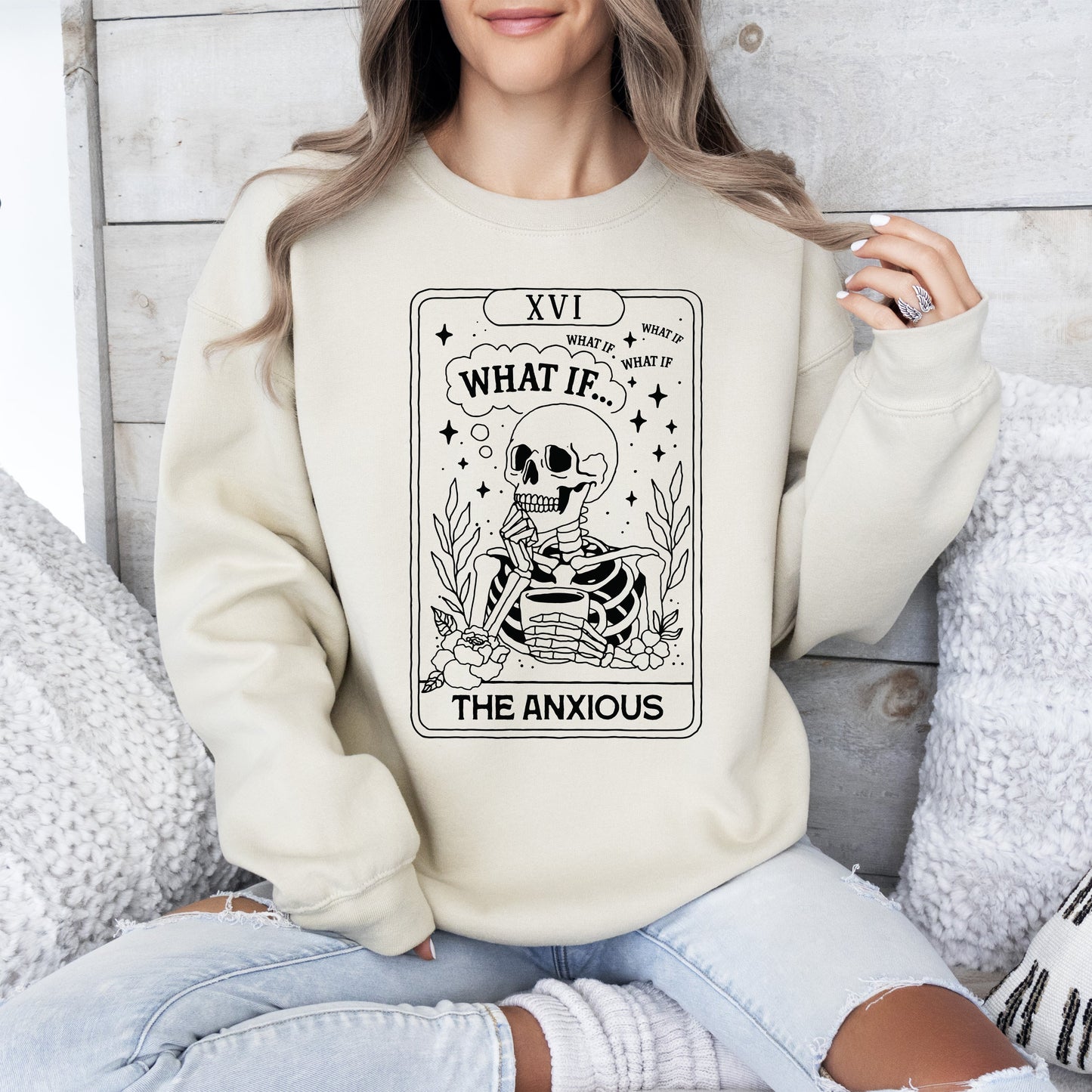 Anxious Skeleton Ghost Graphic Sweatshirt Vintage Western Fall Costume