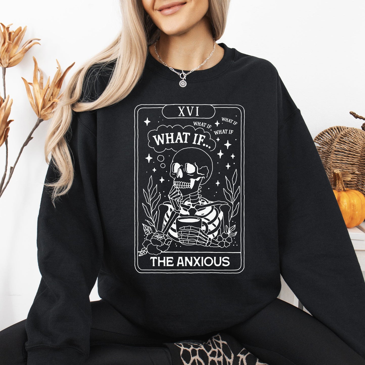 Anxious Skeleton Ghost Graphic Sweatshirt Vintage Western Fall Costume