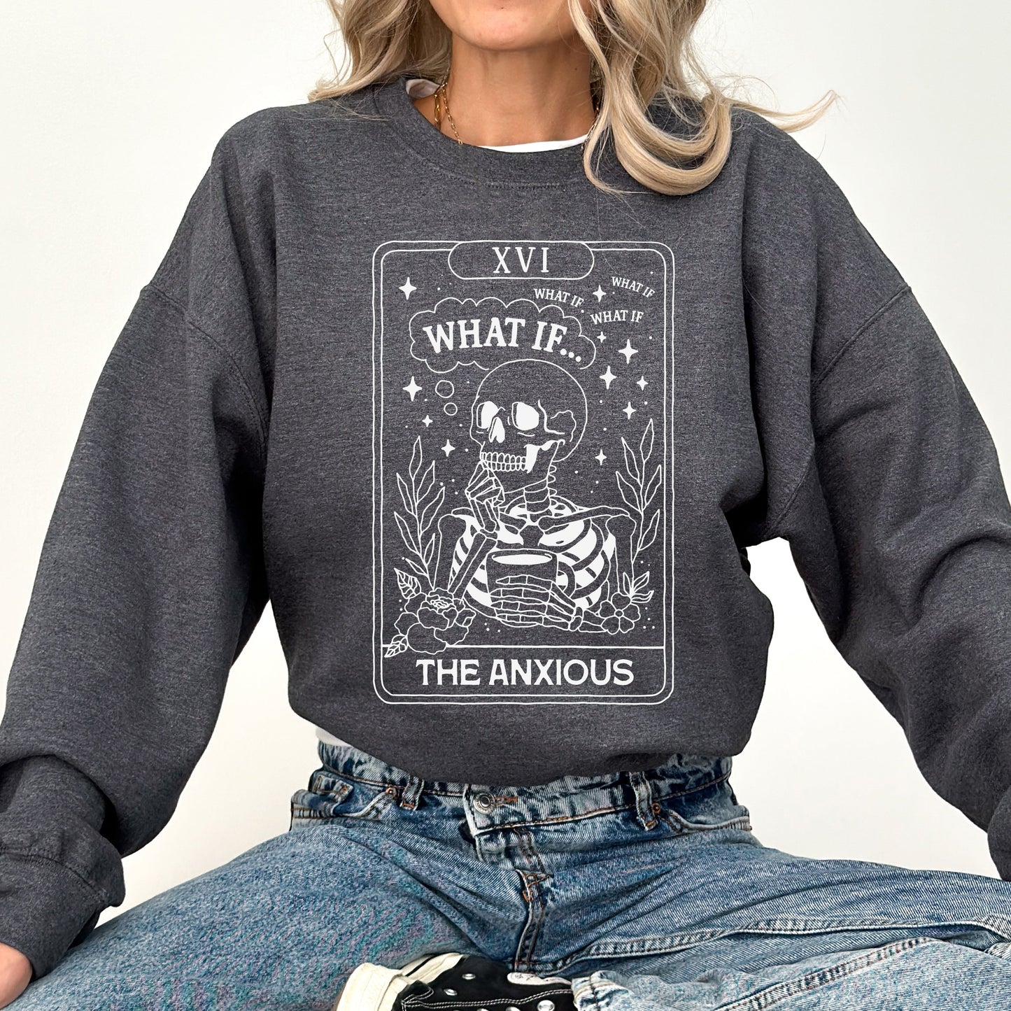Anxious Skeleton Ghost Graphic Sweatshirt Vintage Western Fall Costume