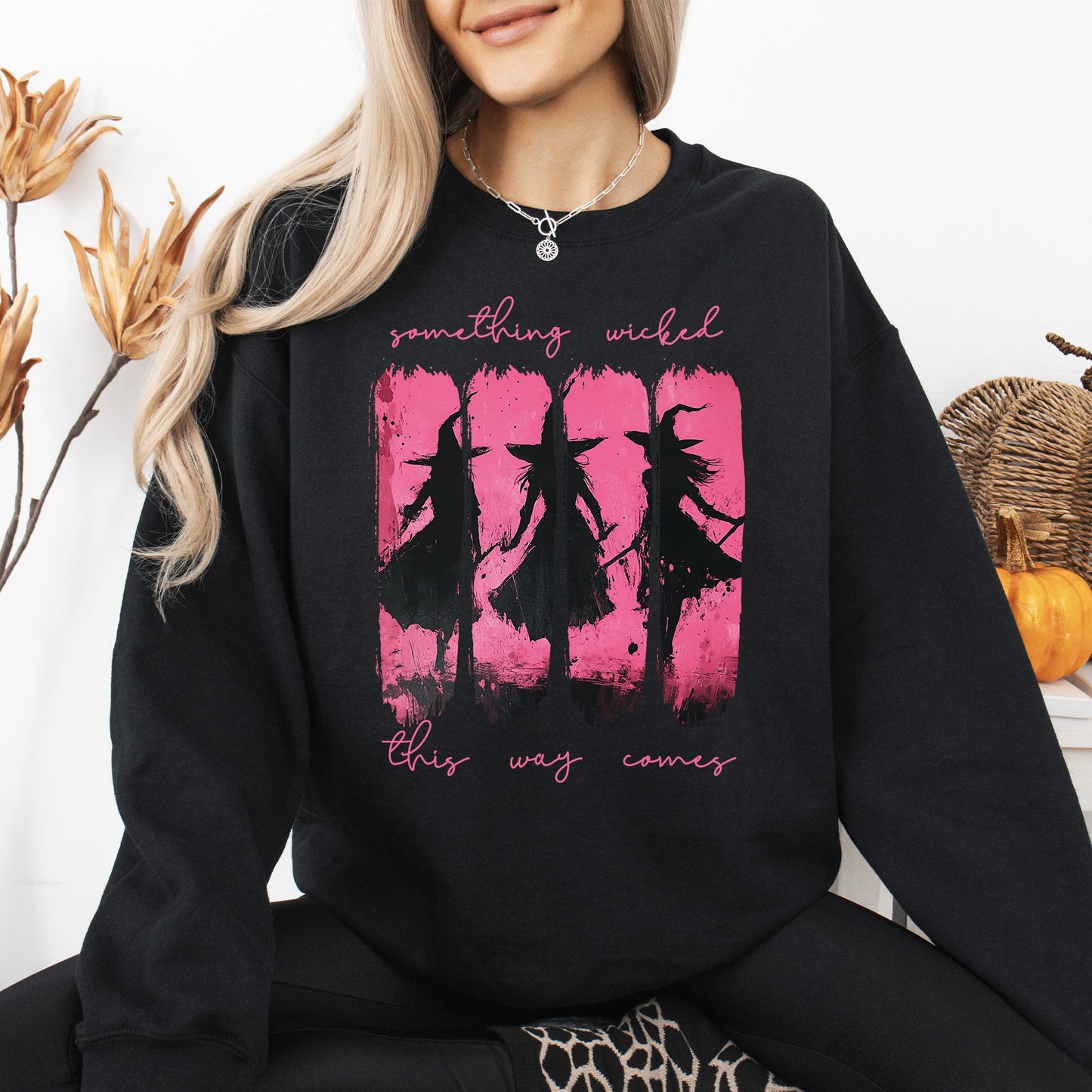Something Wicked, Witch, Skeleton, Ghost, Halloween, Western, Vintage, Pumpkin, Retro, Spooky, Costume, Fall, Graphic Sweatshirt
