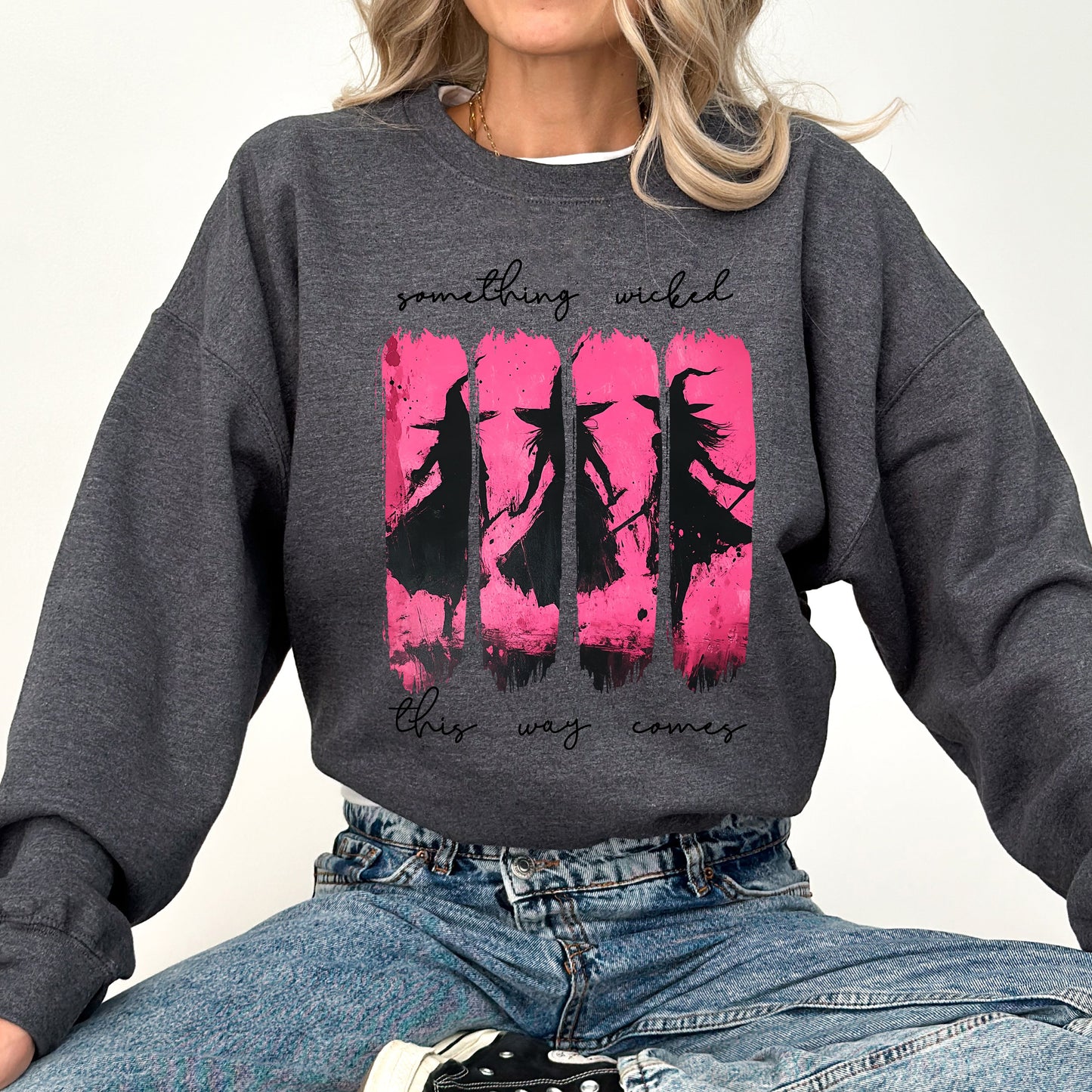 Something Wicked, Witch, Skeleton, Ghost, Halloween, Western, Vintage, Pumpkin, Retro, Spooky, Costume, Fall, Graphic Sweatshirt