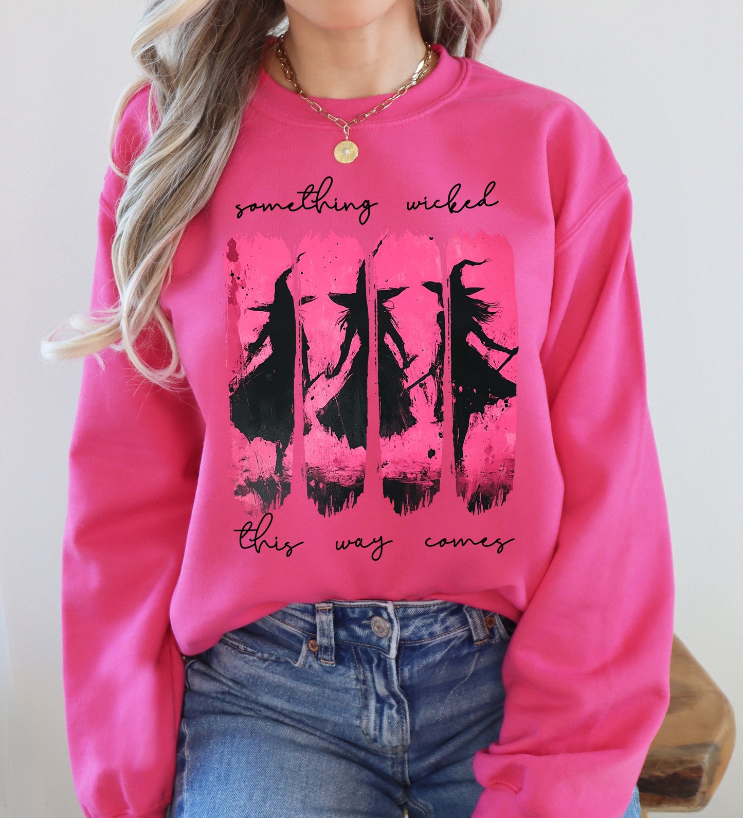 Something Wicked, Witch, Skeleton, Ghost, Halloween, Western, Vintage, Pumpkin, Retro, Spooky, Costume, Fall, Graphic Sweatshirt