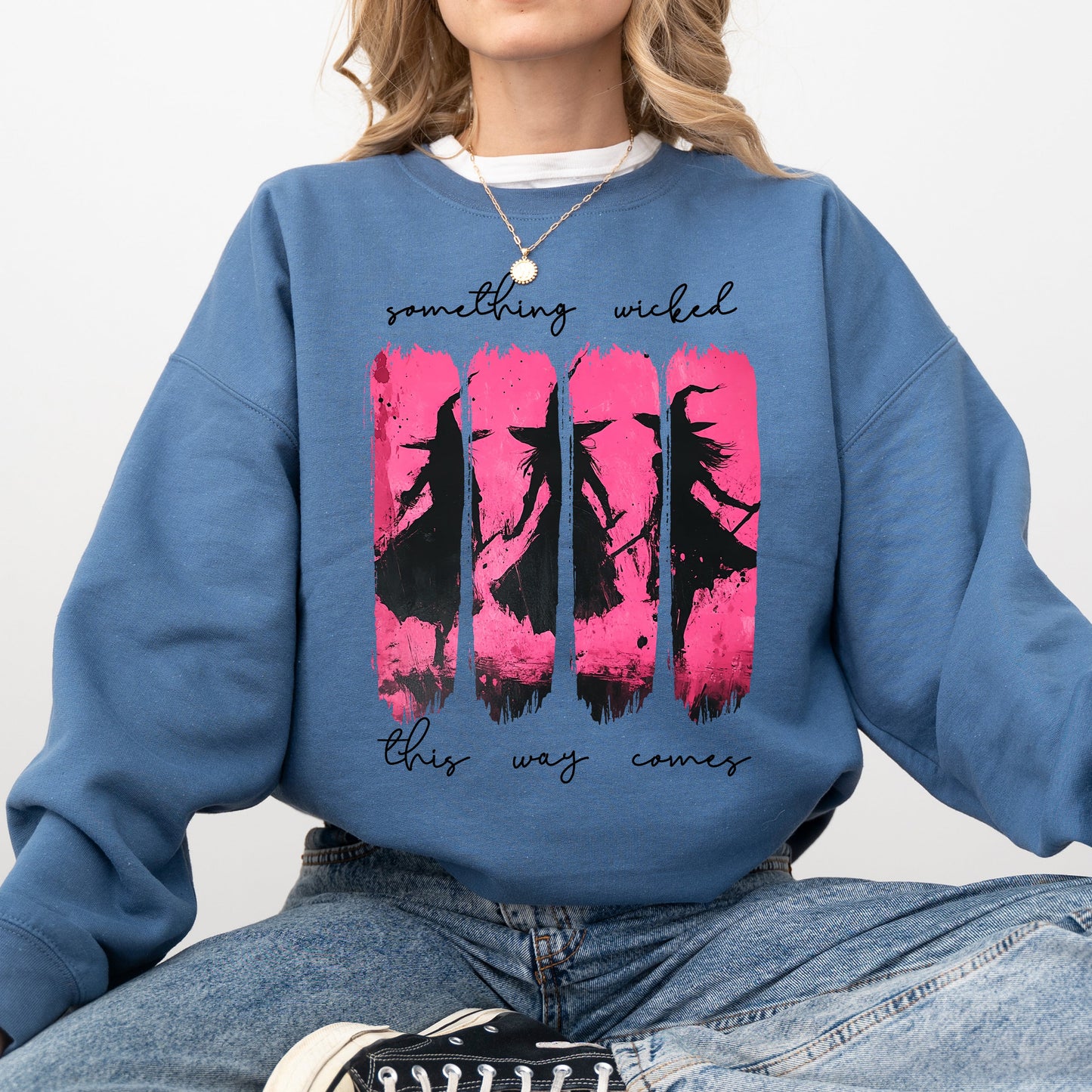 Something Wicked, Witch, Skeleton, Ghost, Halloween, Western, Vintage, Pumpkin, Retro, Spooky, Costume, Fall, Graphic Sweatshirt