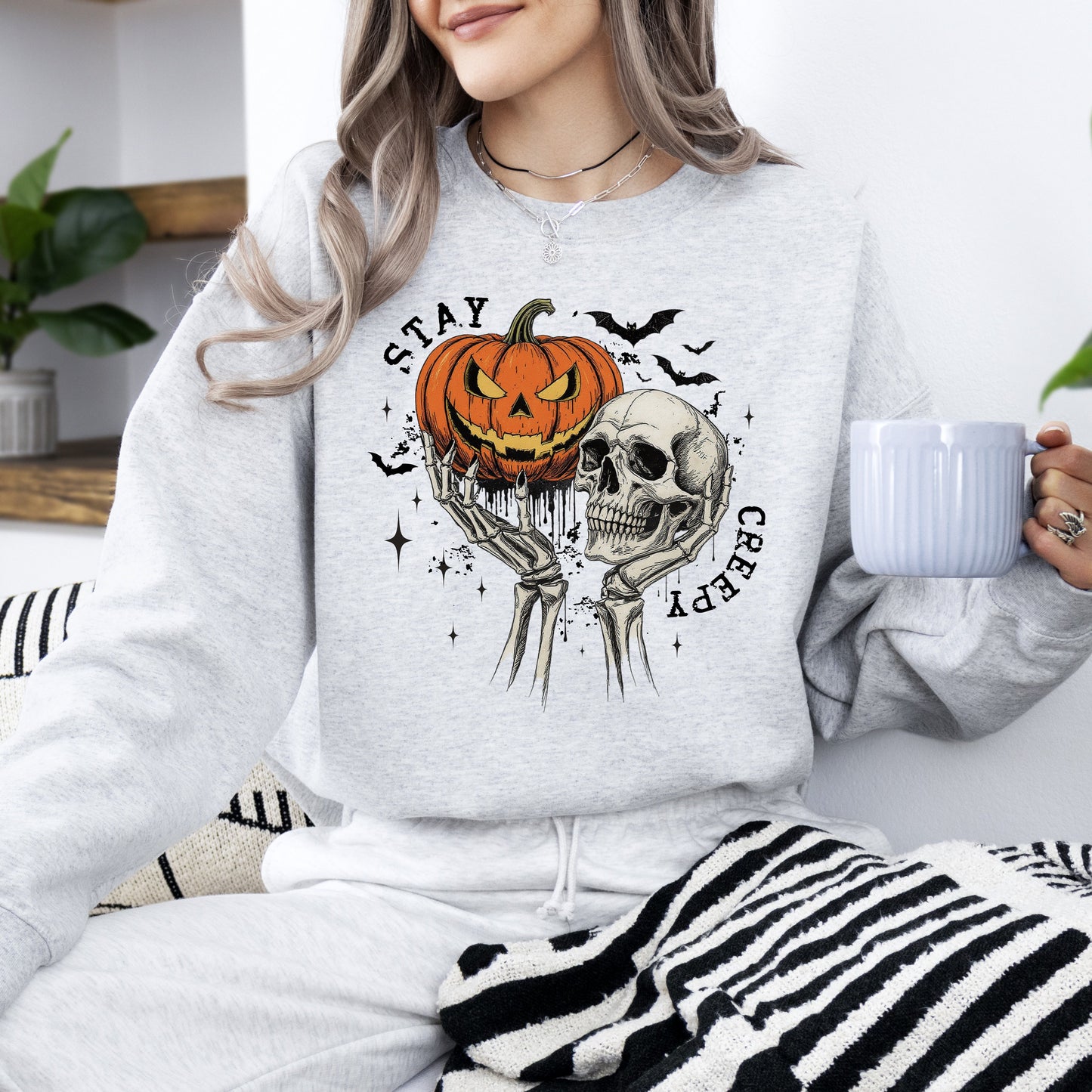 Stay Creepy, Skeleton, Ghost, Halloween, Western, Vintage, Pumpkin, Retro, Spooky, Costume, Fall, Graphic Sweatshirt