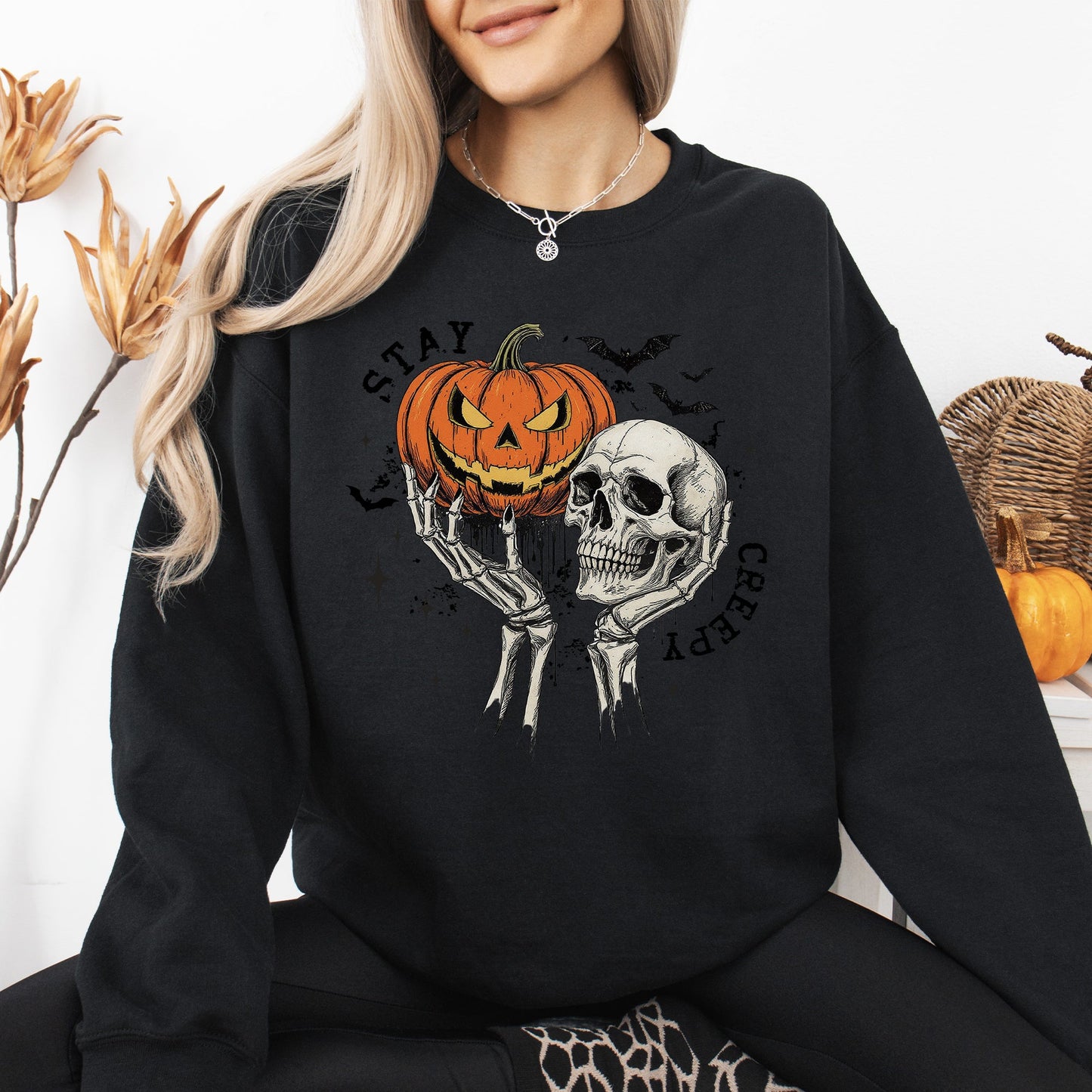 Stay Creepy, Skeleton, Ghost, Halloween, Western, Vintage, Pumpkin, Retro, Spooky, Costume, Fall, Graphic Sweatshirt
