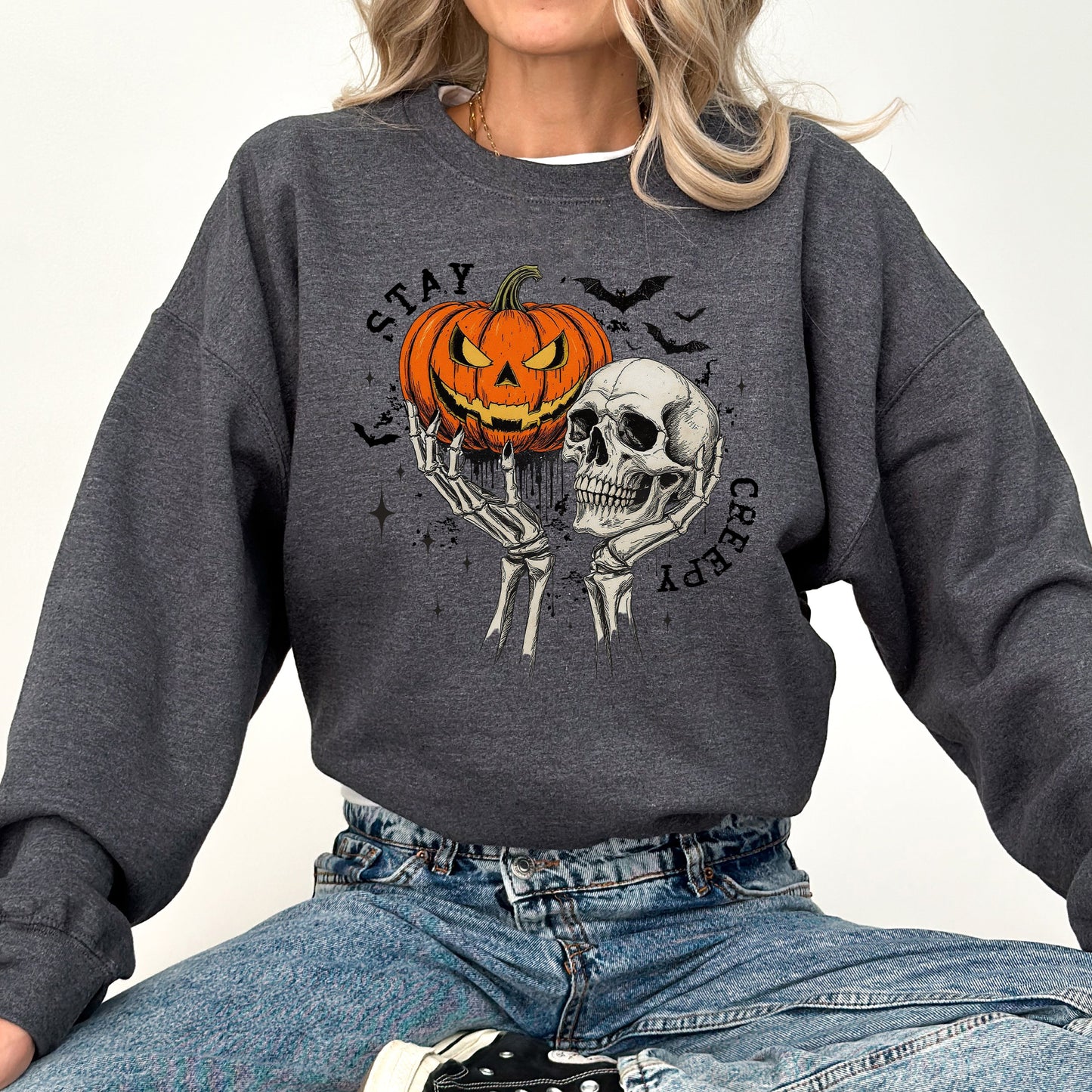 Stay Creepy, Skeleton, Ghost, Halloween, Western, Vintage, Pumpkin, Retro, Spooky, Costume, Fall, Graphic Sweatshirt