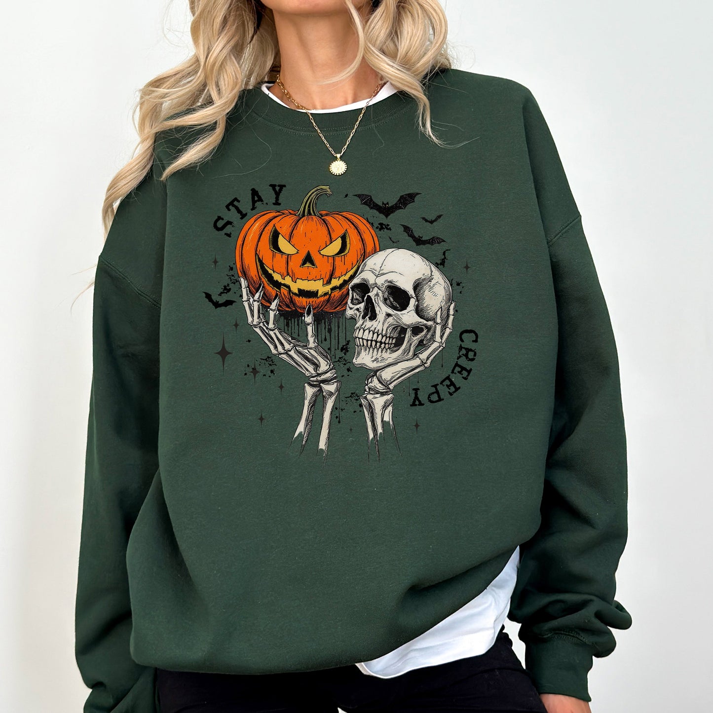Stay Creepy, Skeleton, Ghost, Halloween, Western, Vintage, Pumpkin, Retro, Spooky, Costume, Fall, Graphic Sweatshirt