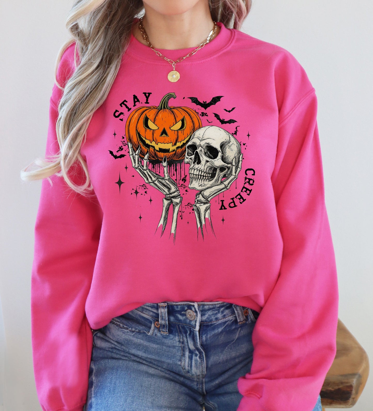 Stay Creepy, Skeleton, Ghost, Halloween, Western, Vintage, Pumpkin, Retro, Spooky, Costume, Fall, Graphic Sweatshirt