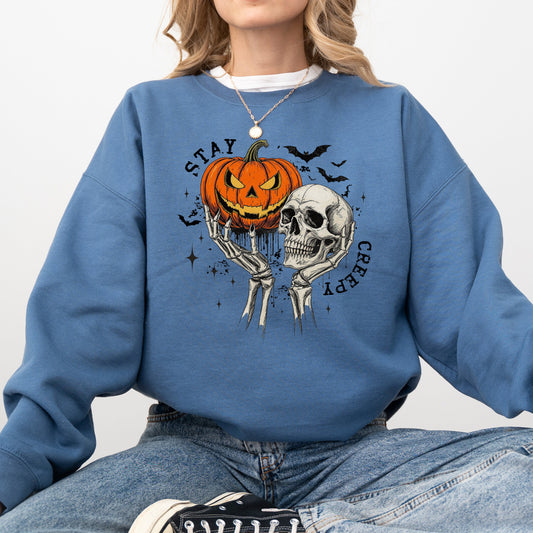 Stay Creepy, Skeleton, Ghost, Halloween, Western, Vintage, Pumpkin, Retro, Spooky, Costume, Fall, Graphic Sweatshirt