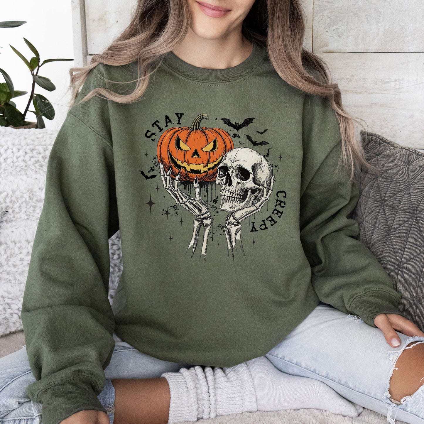 Stay Creepy, Skeleton, Ghost, Halloween, Western, Vintage, Pumpkin, Retro, Spooky, Costume, Fall, Graphic Sweatshirt