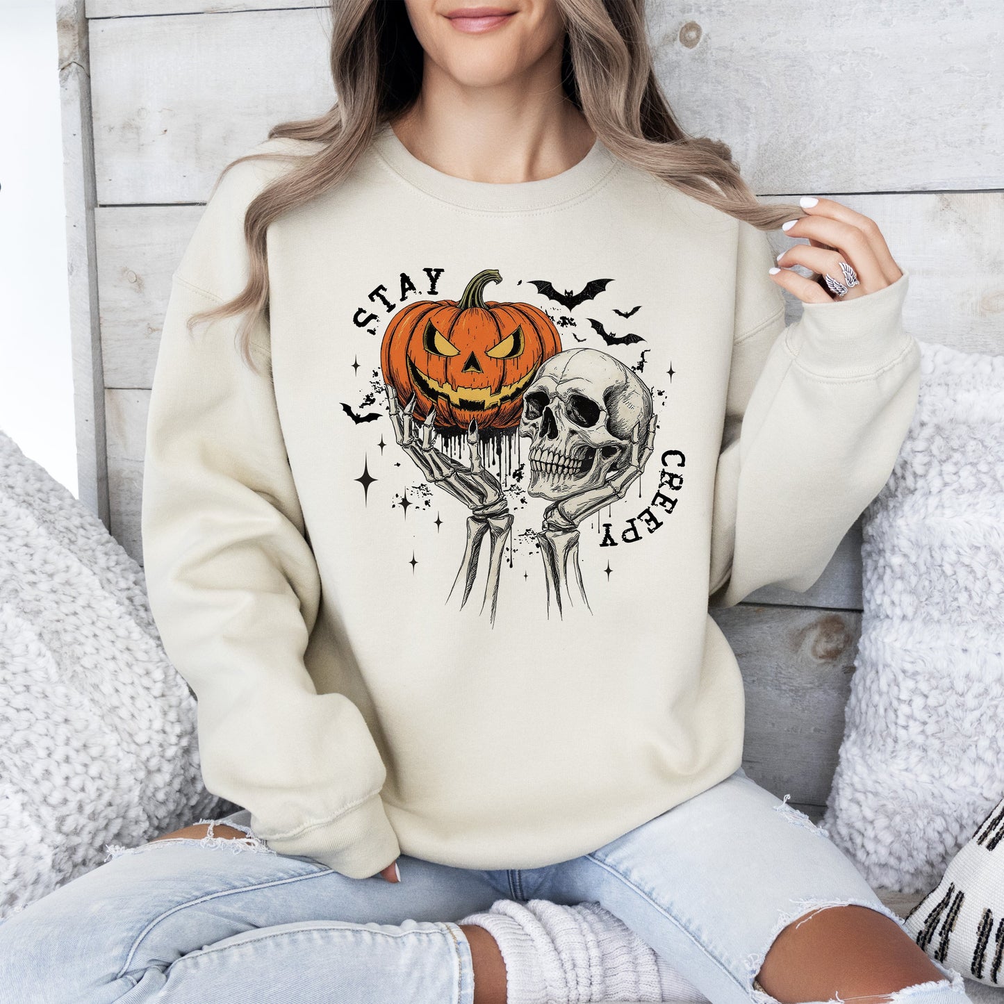 Stay Creepy, Skeleton, Ghost, Halloween, Western, Vintage, Pumpkin, Retro, Spooky, Costume, Fall, Graphic Sweatshirt