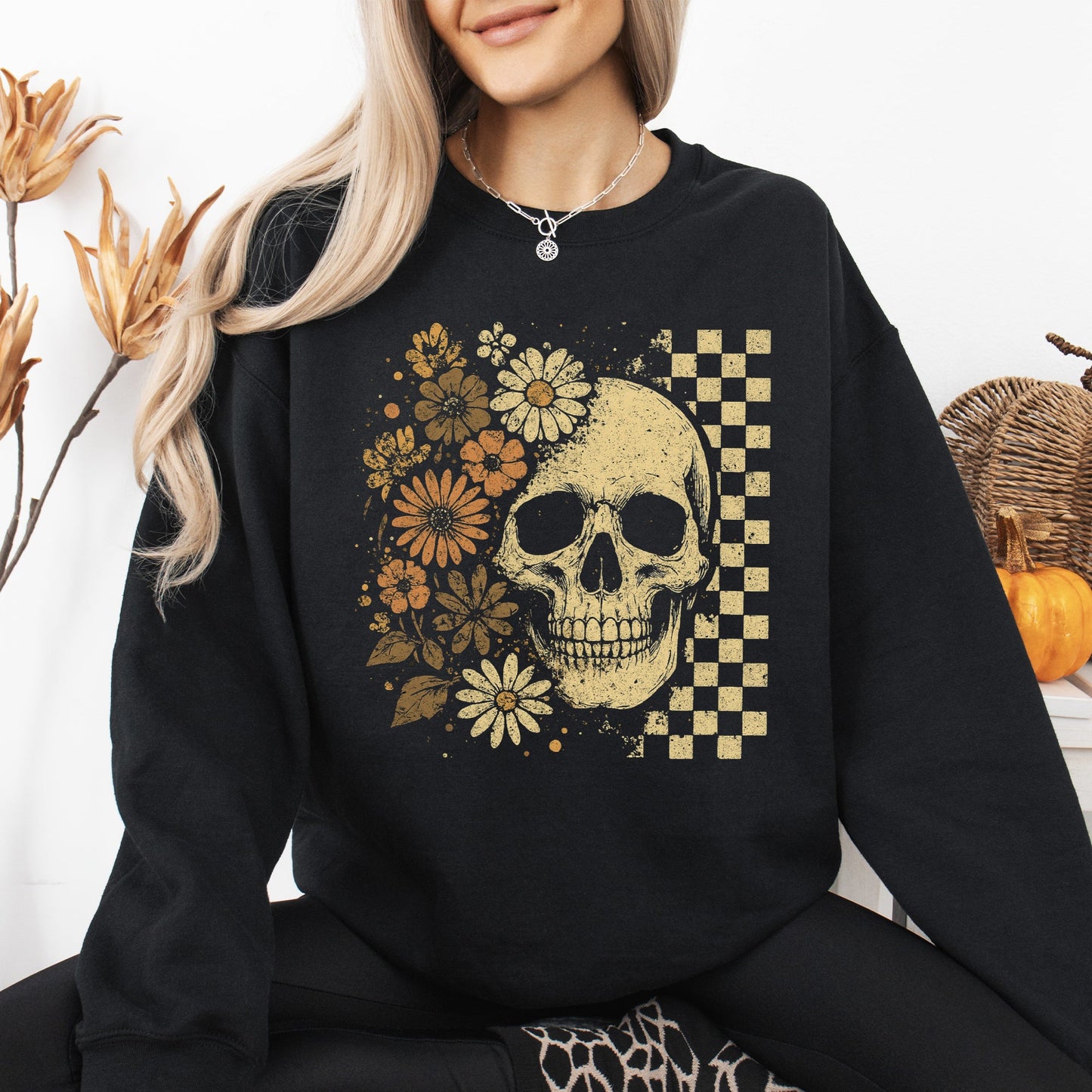 Vintage Skull Floral Checkered Ghost Halloween Graphic Sweatshirt