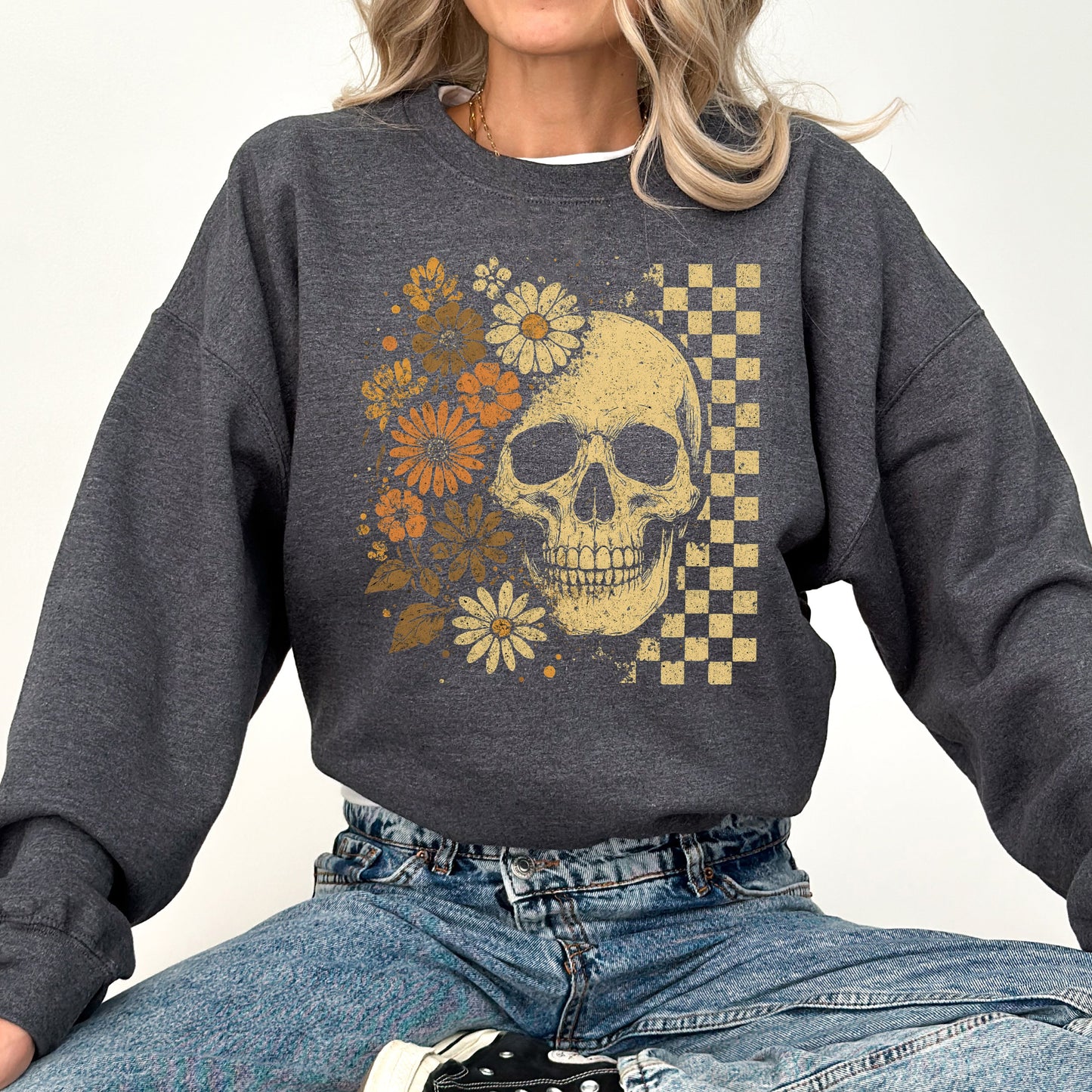Vintage Skull Floral Checkered Ghost Halloween Graphic Sweatshirt
